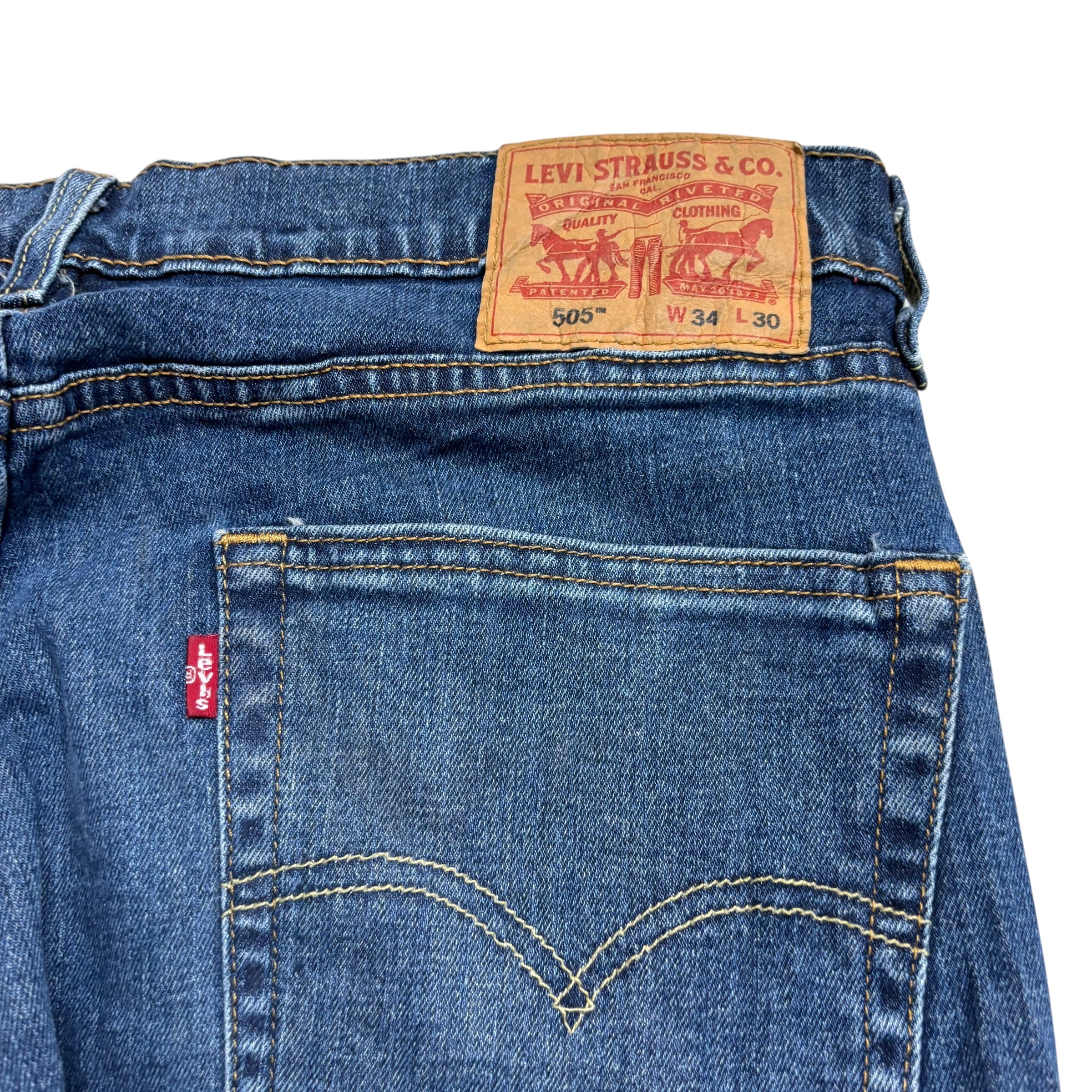 Levis 505 Jeans W34 L30 Mens Mid Blue Regular Straight Fit Stretch Denim (E)