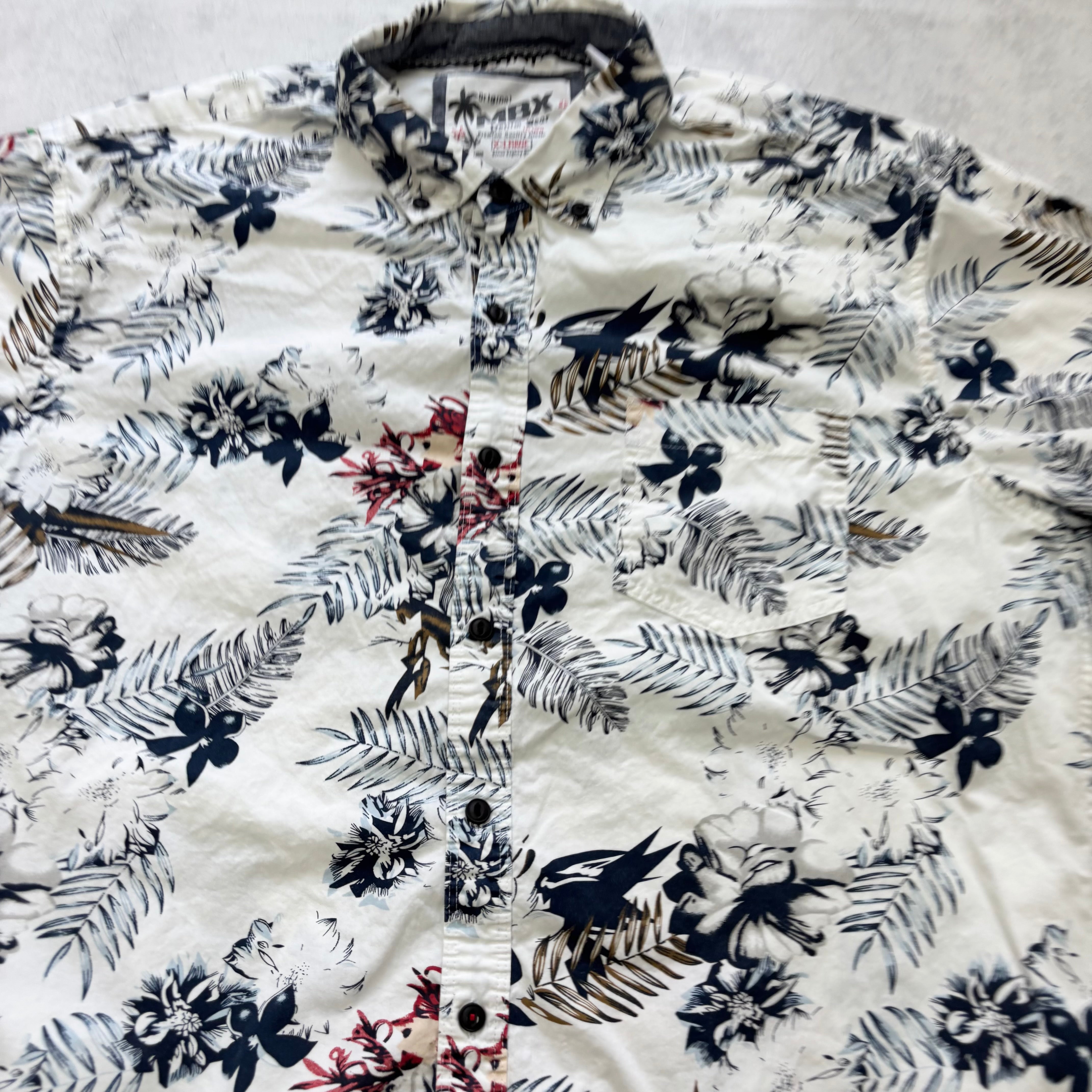 Hawaiian Shirt Mens XL White Floral Aloha Short Sleeve Cotton Regular Fit (E)