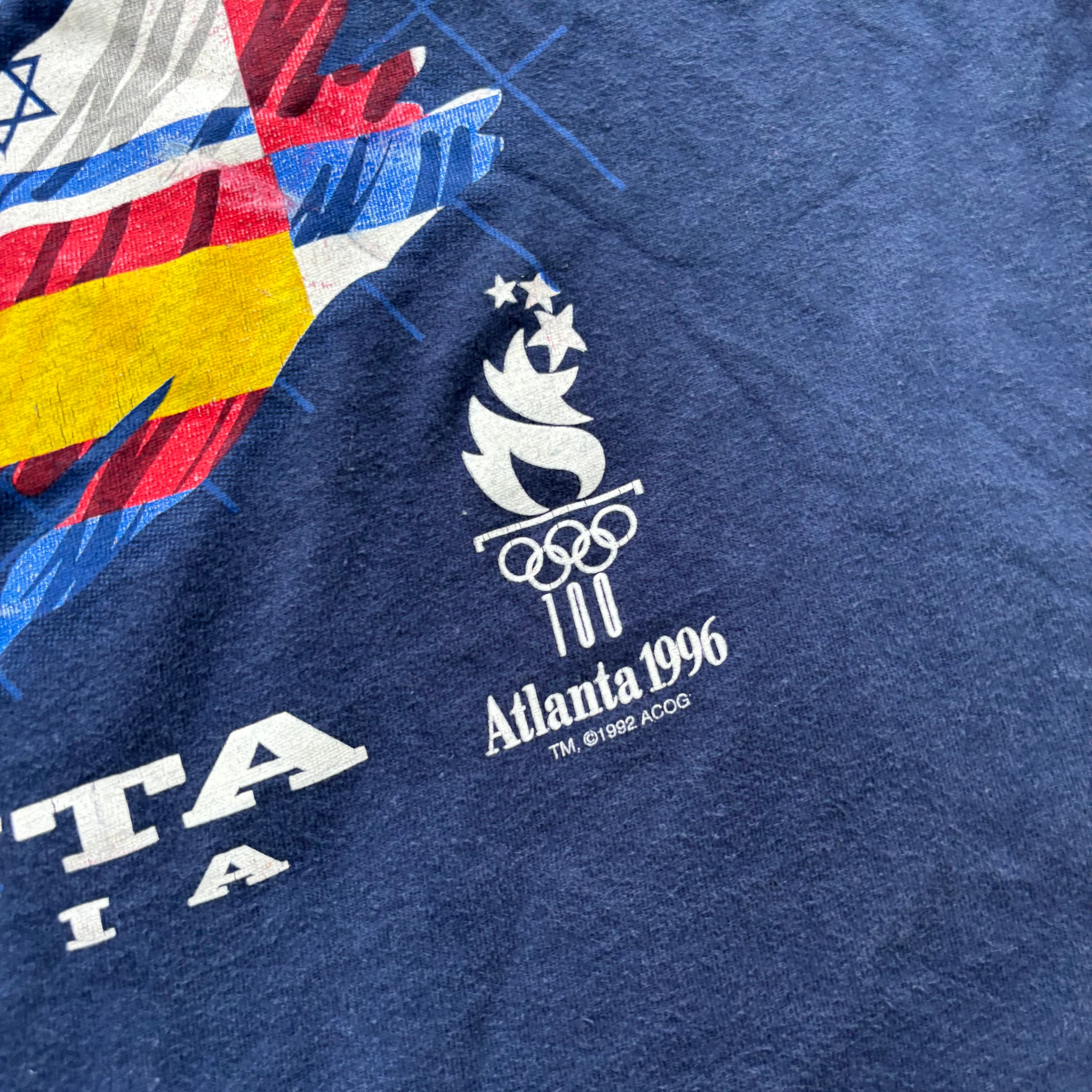 Vintage T Shirt Mens Large Navy Blue Single Stitch Graphic Print 90s Olympics
