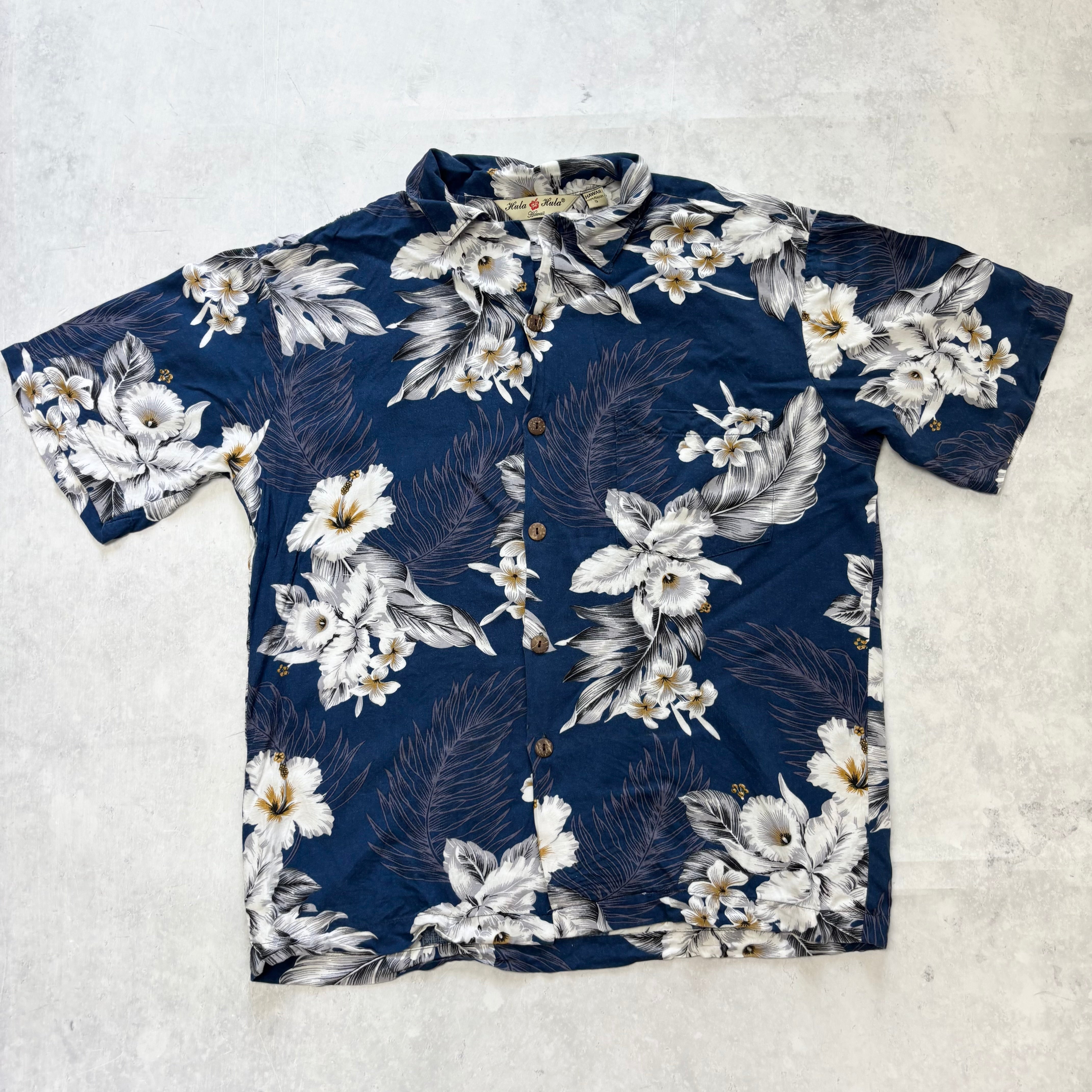 Vintage Hawaiian Shirt Mens Small Blue Floral Aloha Short Sleeve Rayon (E)