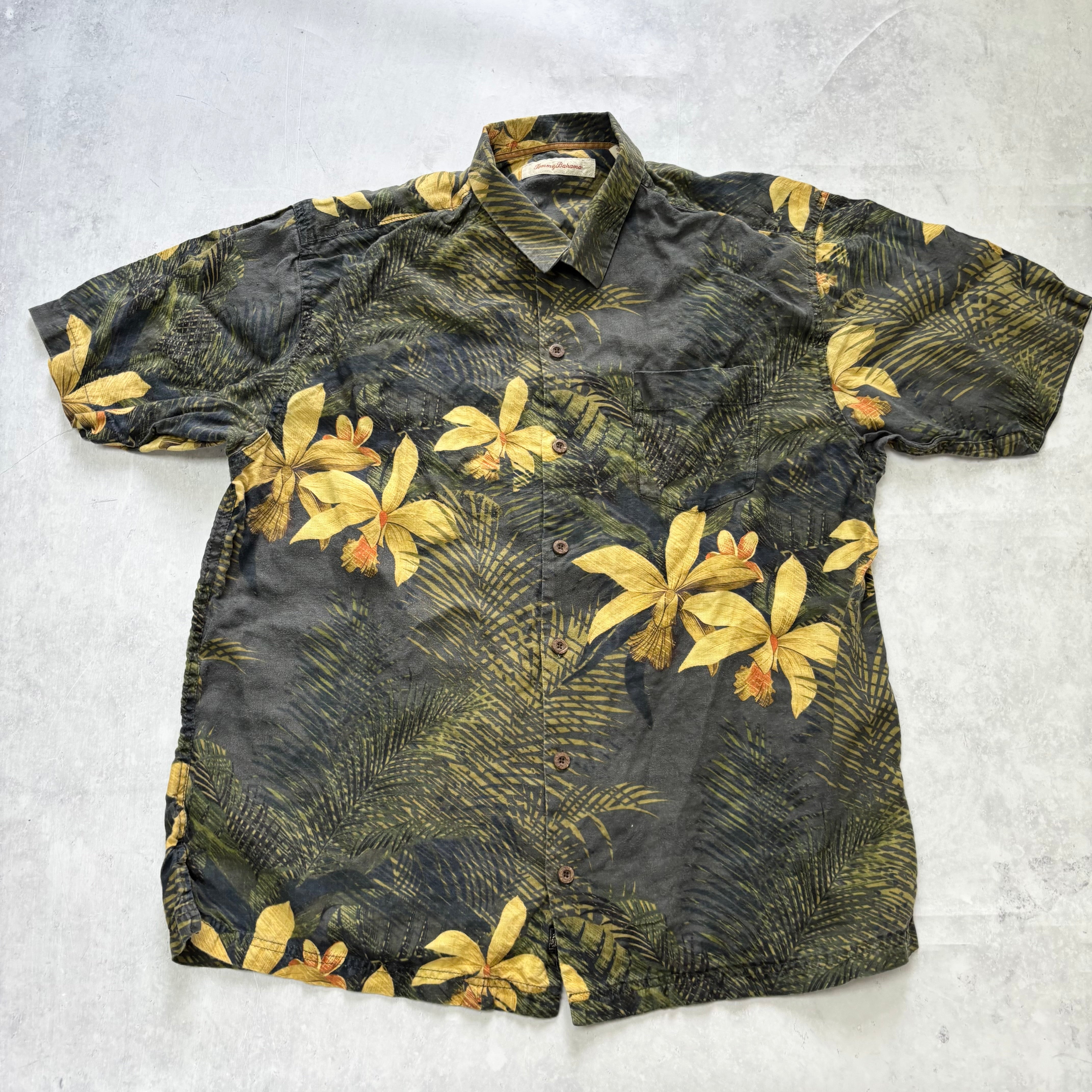 Vintage Hawaiian Shirt Mens Large Green Floral Cotton Tommy Bahama (E)