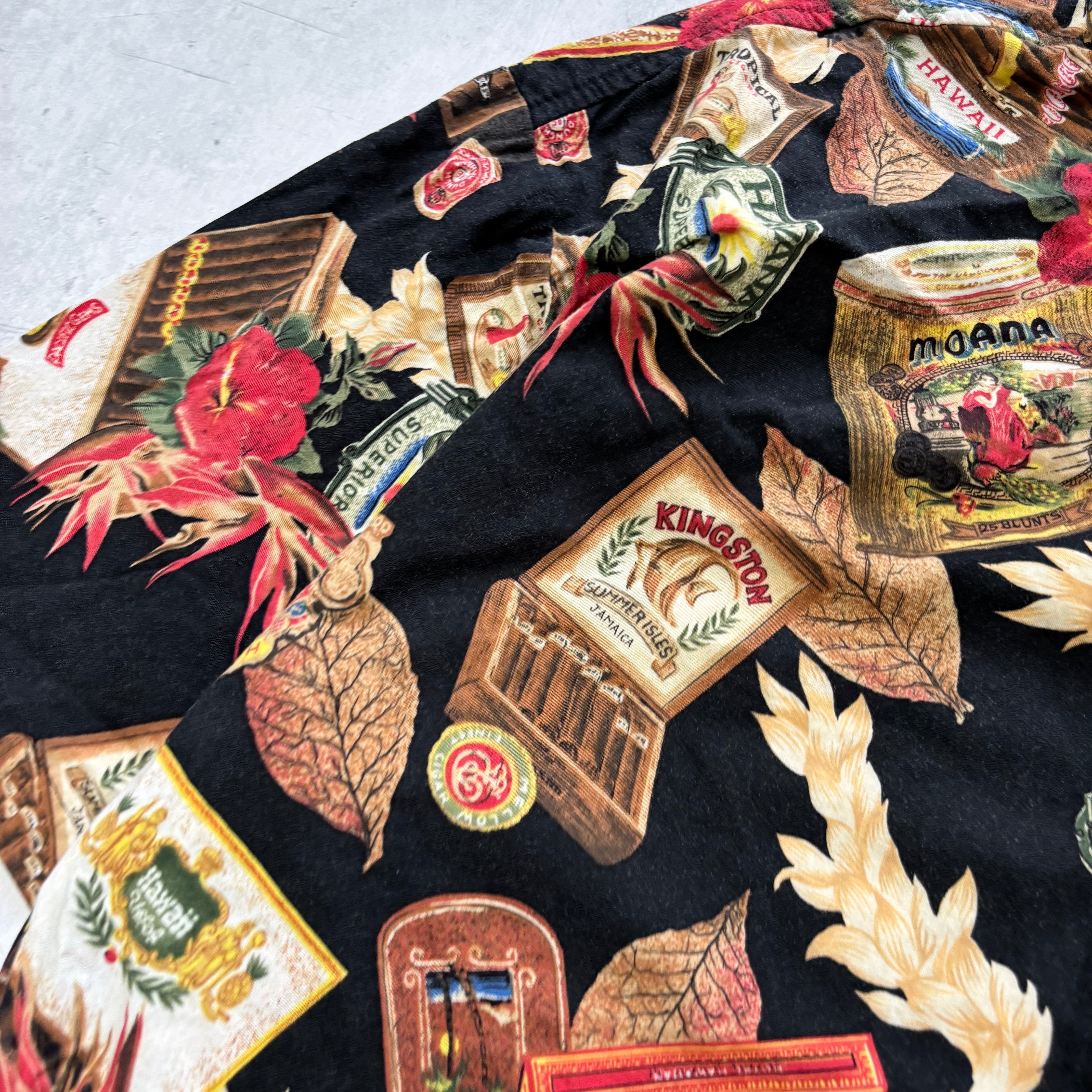 Vintage Hawaiian Shirt Mens Large Black Floral Aloha Short Sleeve Cotton (E)