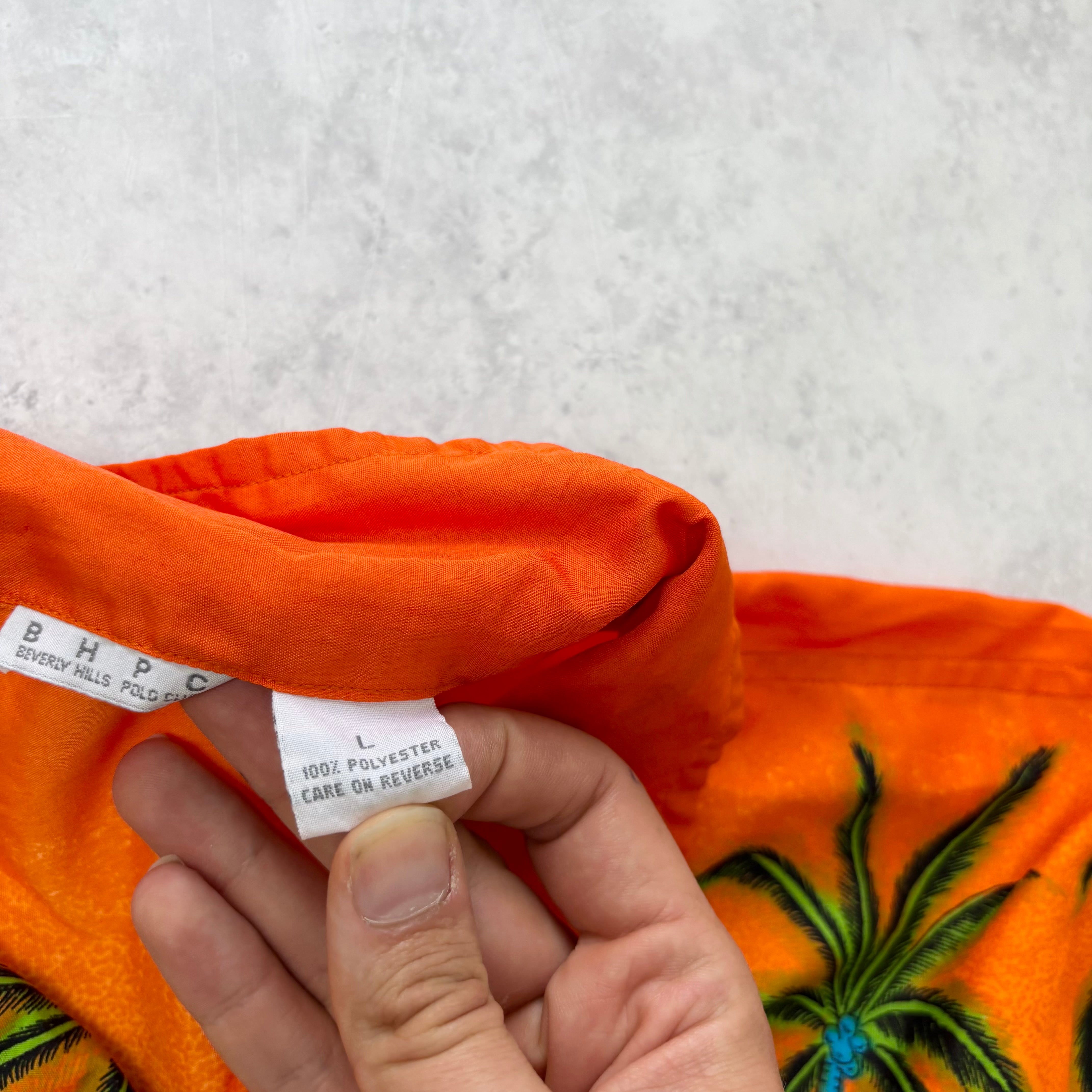 Hawaiian Shirt Mens Large Orange Floral Aloha Short Sleeve Polyester (E)