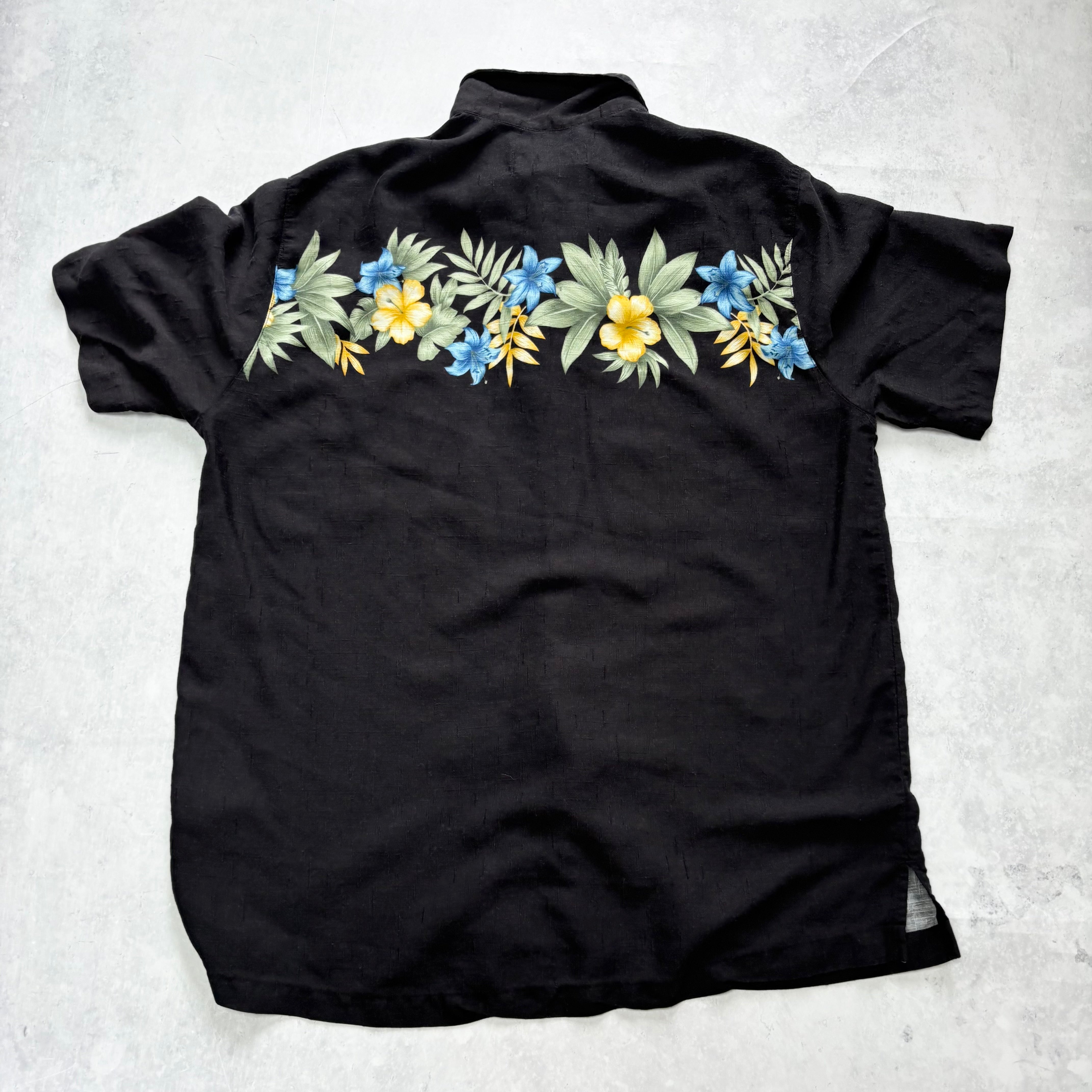 Vintage Hawaiian Shirt Mens Large Black Floral Aloha Short Sleeve Rayon (E)