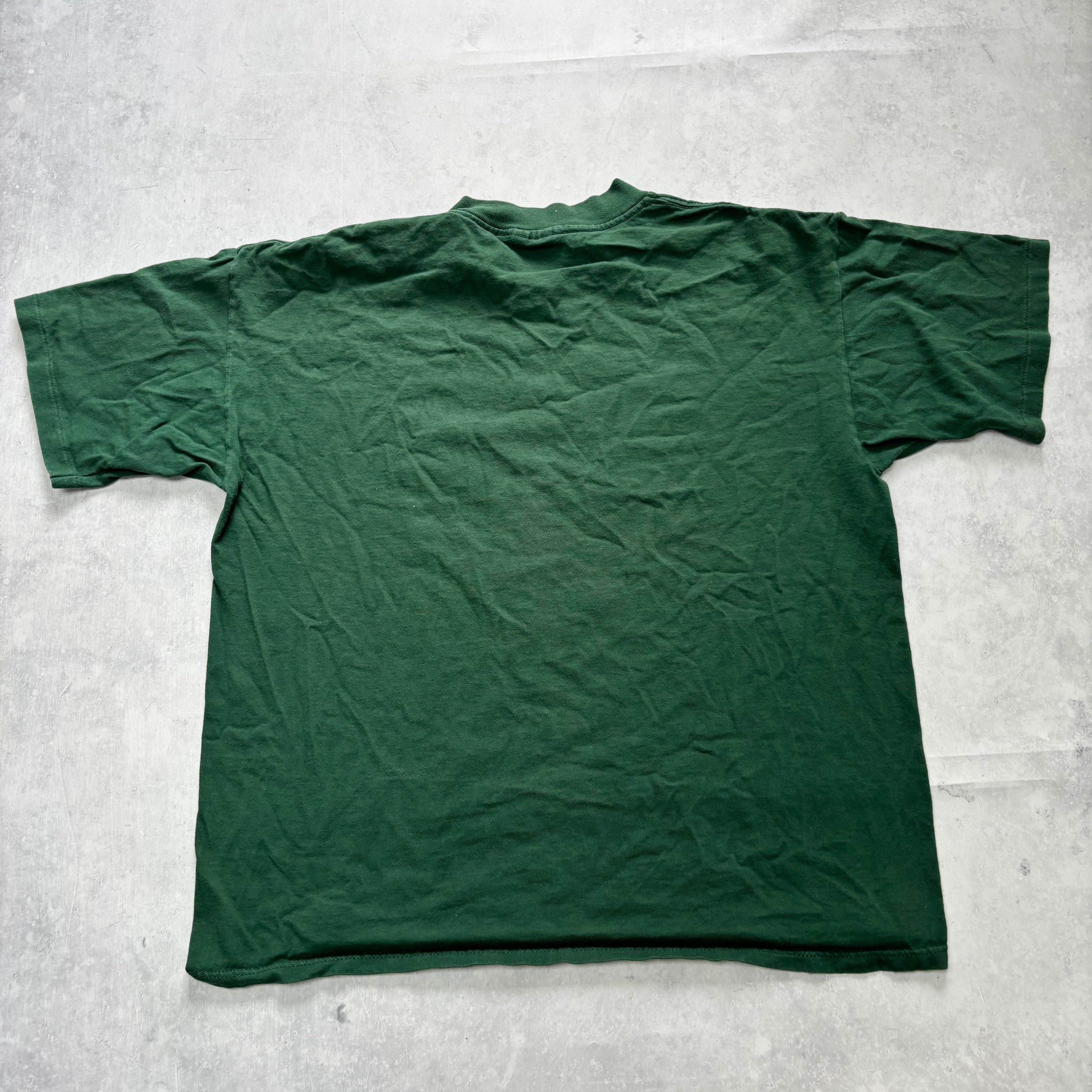 Vintage T Shirt Mens Medium Green Single Stitch Graphic Print 90s Boxy Fit (E)