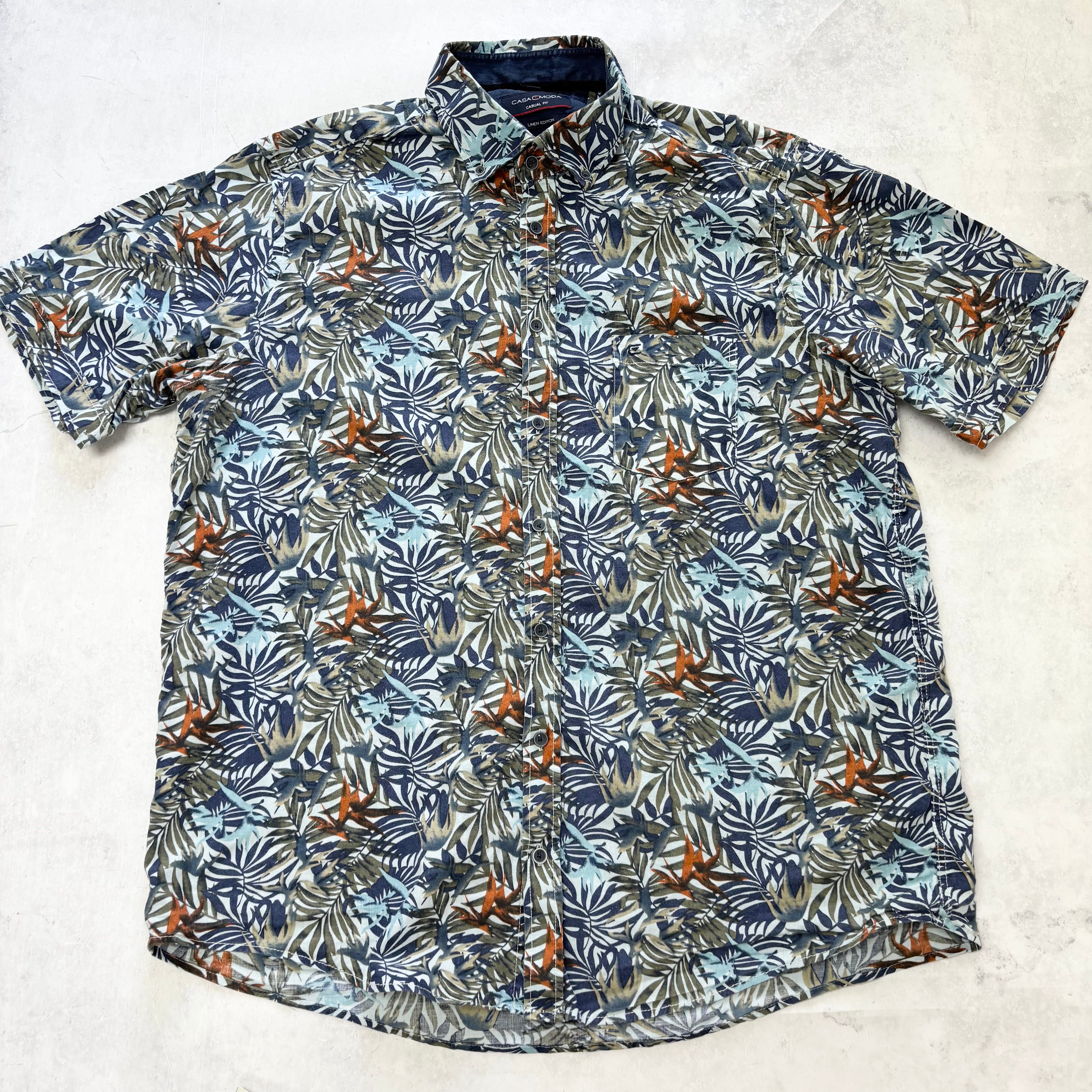 Hawaiian Shirt Mens XL Blue Floral Aloha Short Sleeve Linen (E)
