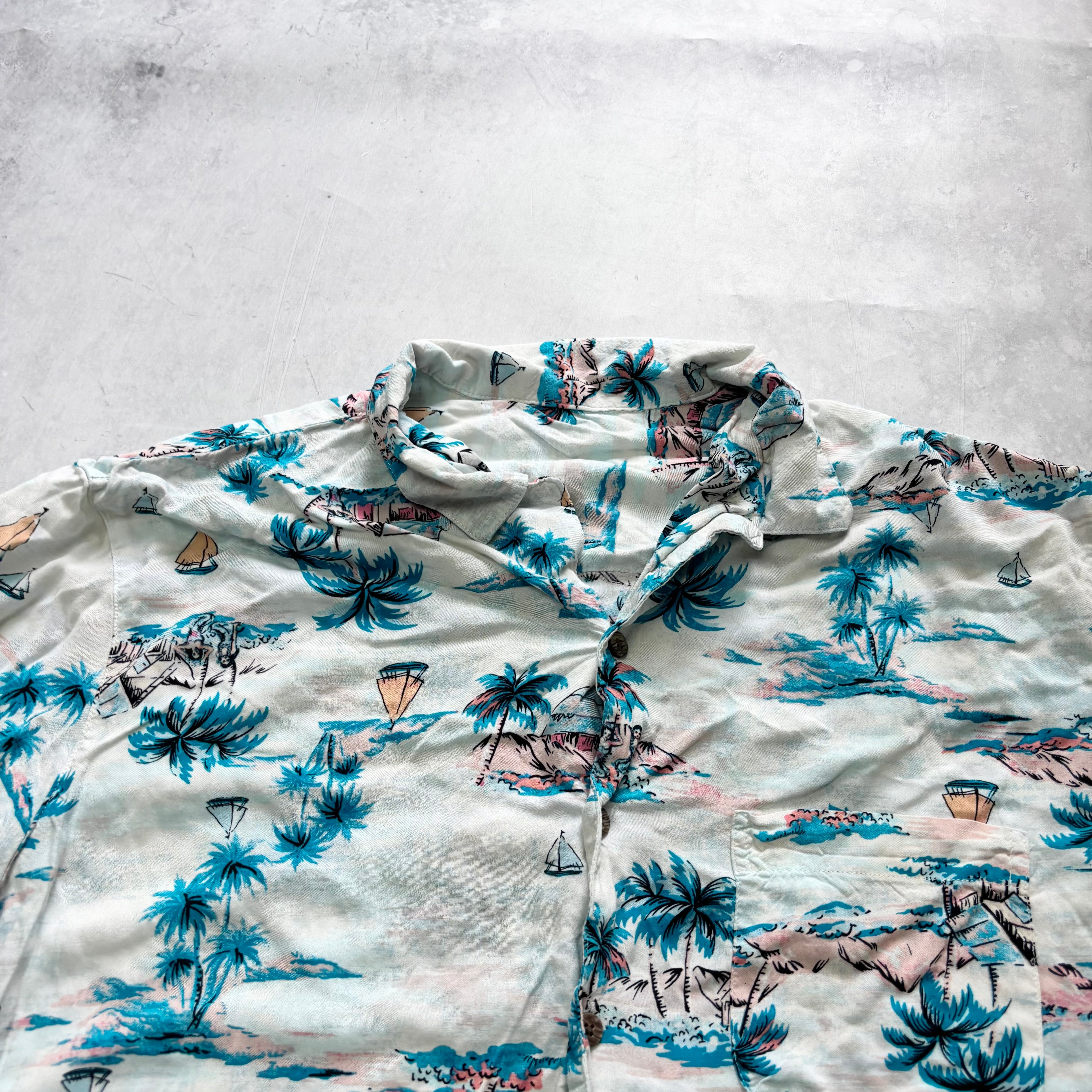 Hawaiian Shirt Mens Large White Floral Aloha Short Sleeve Rayon