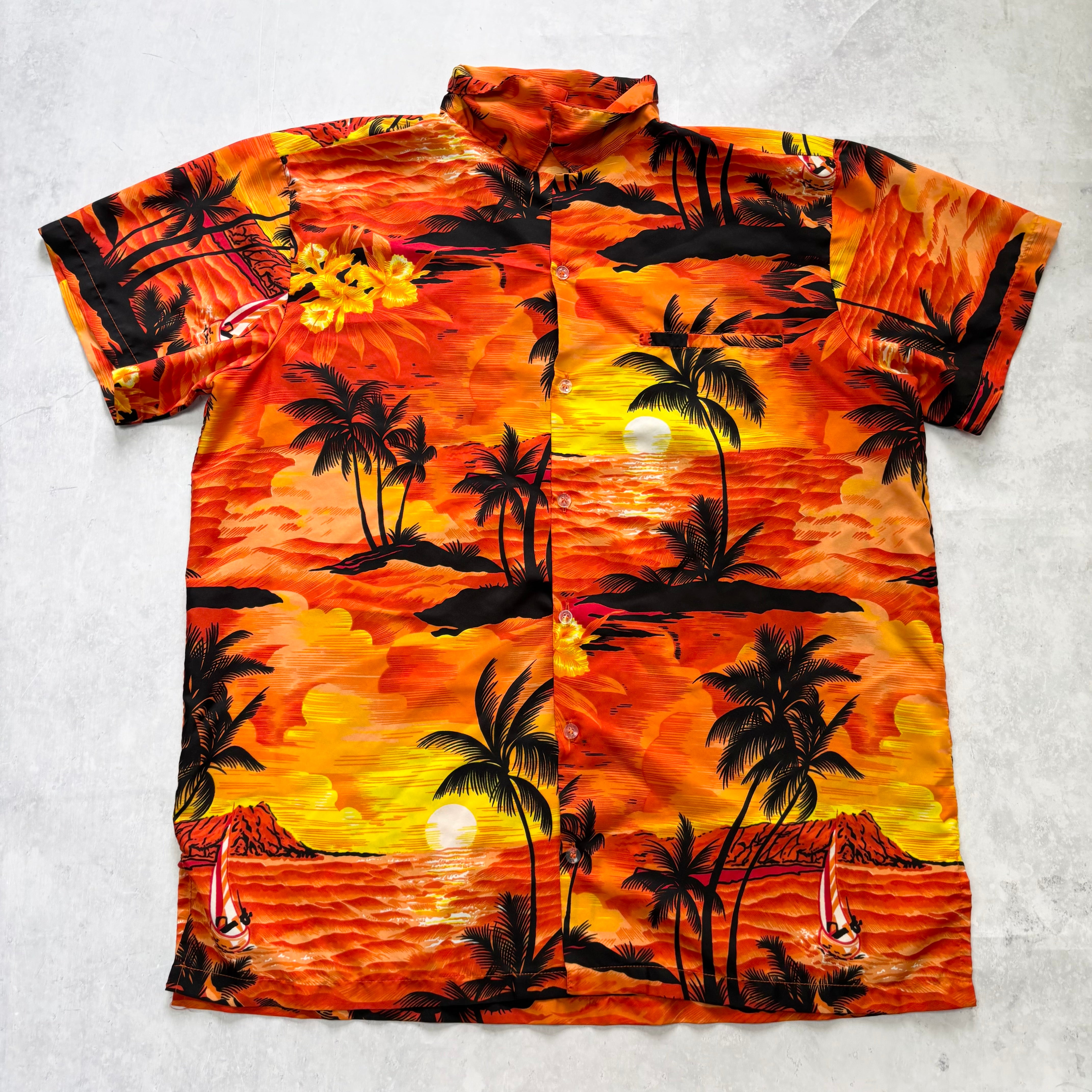 Hawaiian Shirt Mens Large Orange Floral Aloha Short Sleeve Polyester (E)