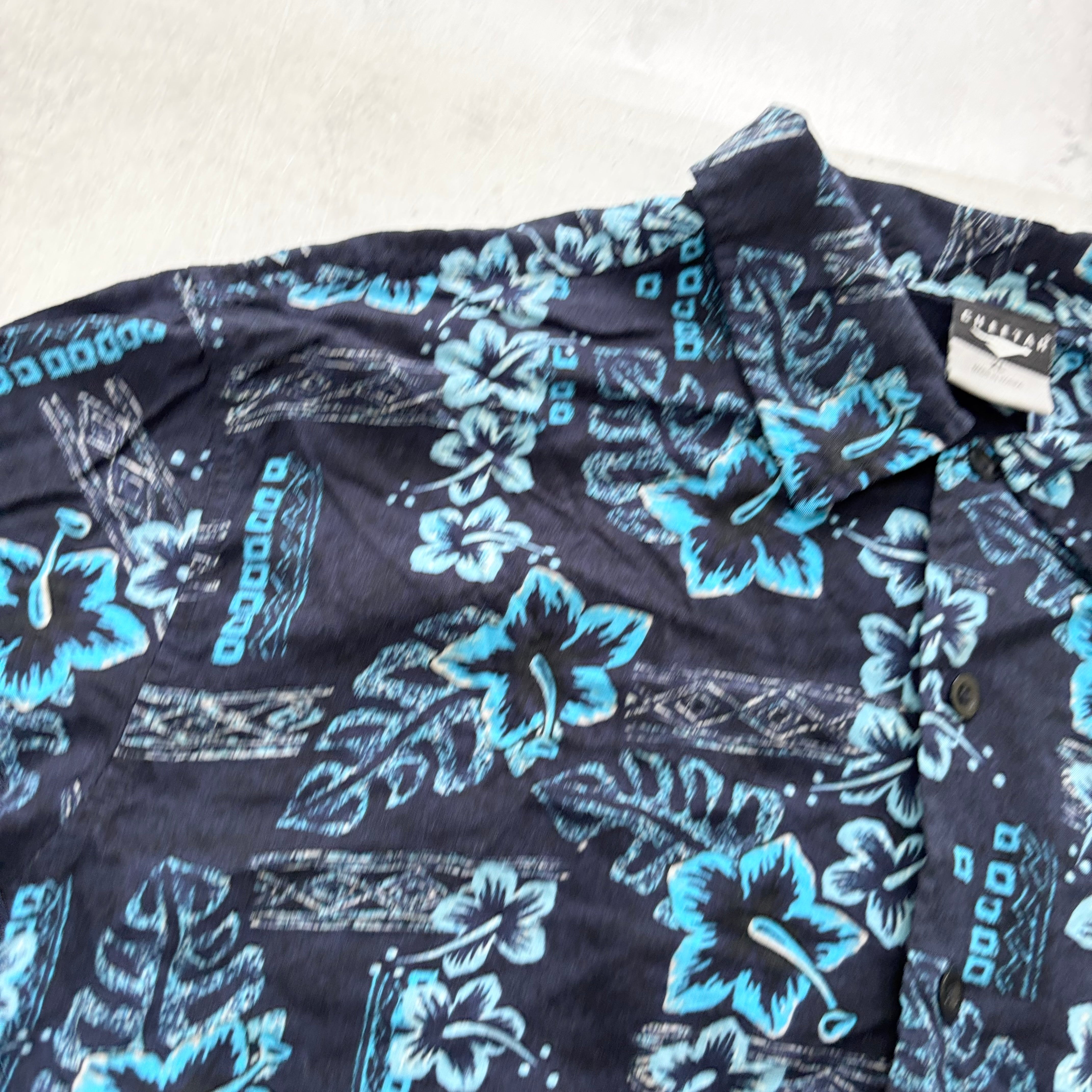 Hawaiian Shirt Mens XL Navy Blue Floral Aloha Short Sleeve Rayon (E)