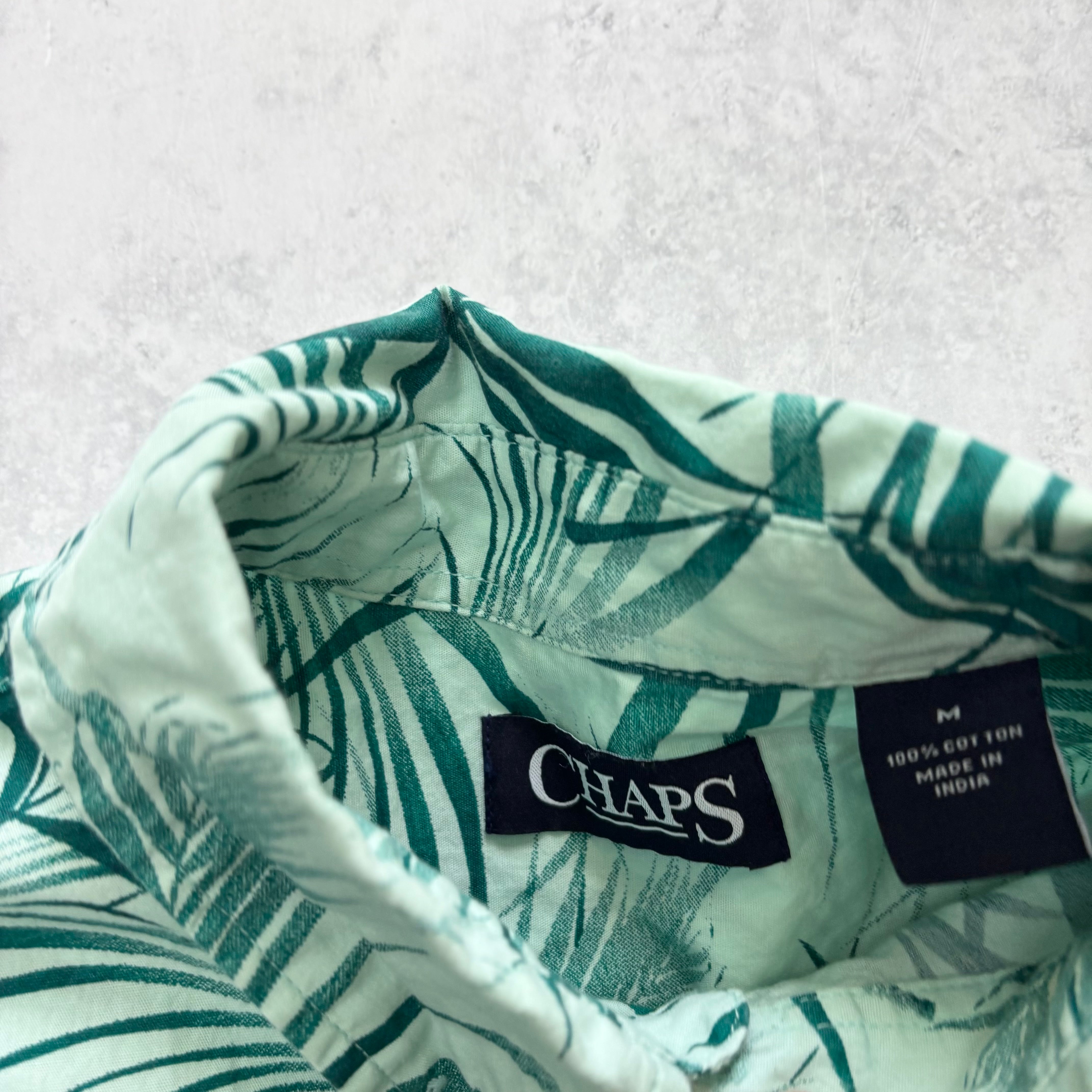 Vintage Chaps Hawaiian Shirt Mens Medium Green Floral Short Sleeve Cotton (E)