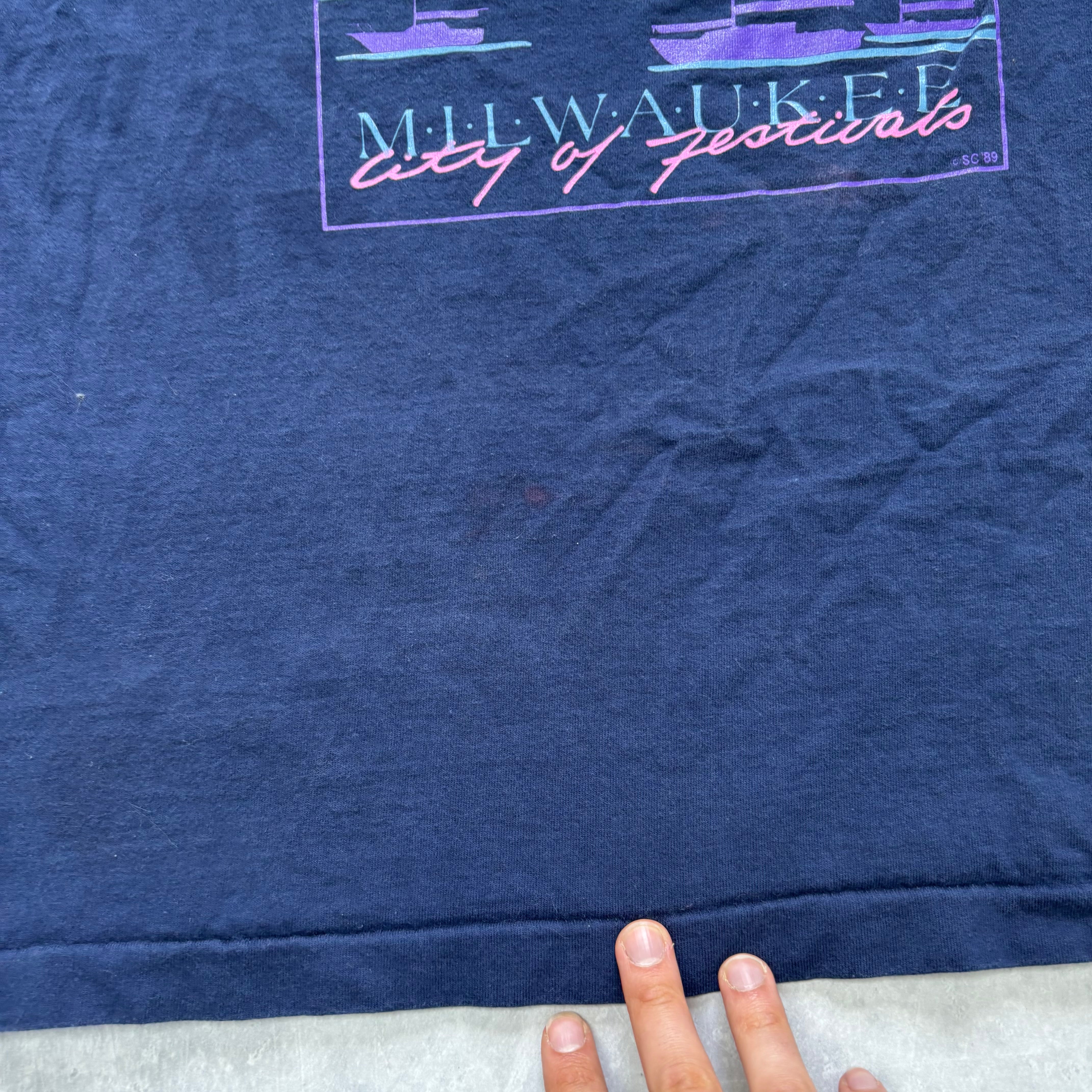 Vintage T Shirt Mens Large Navy Blue Single Stitch Graphic Print 90s USA Tourist (F)