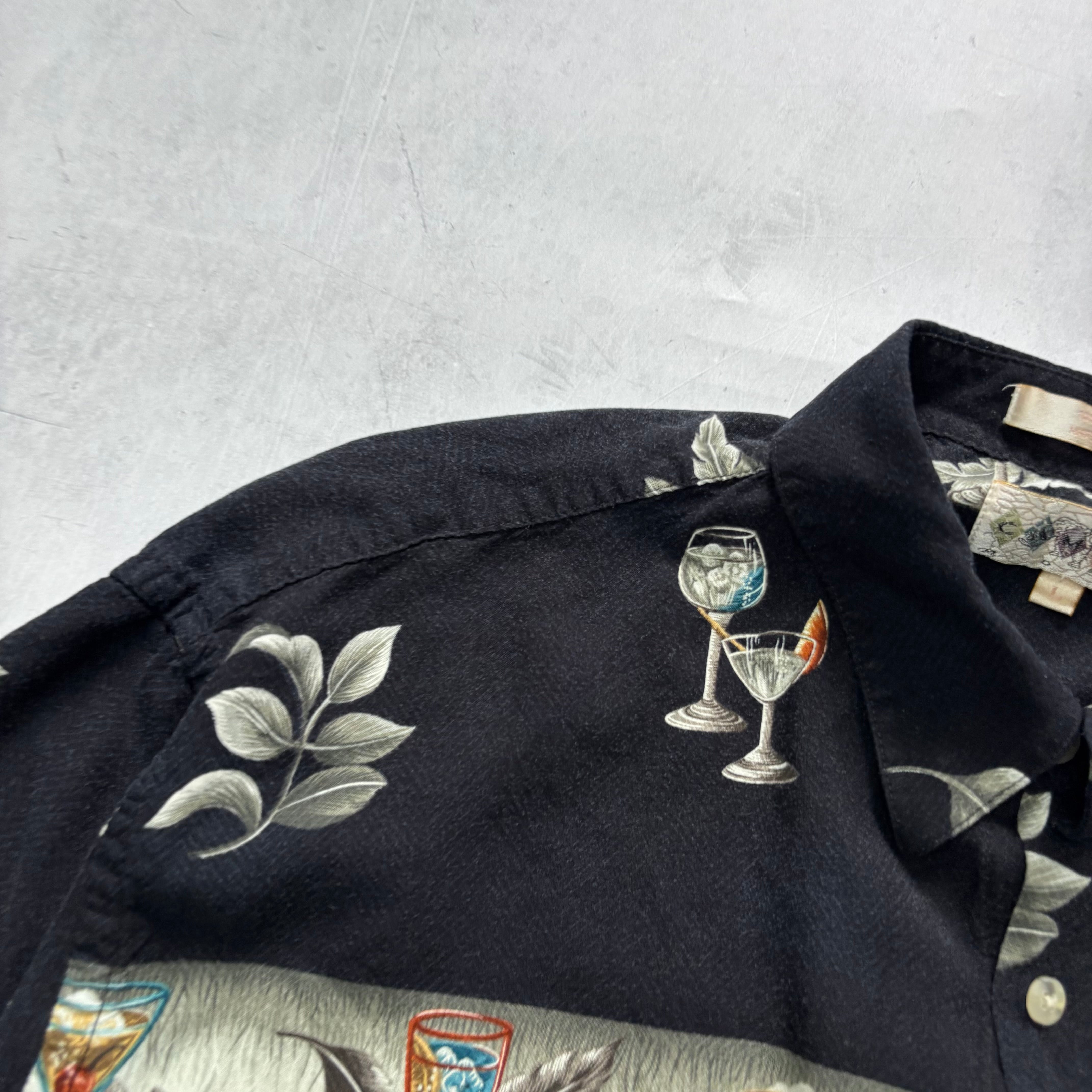 Vintage Hawaiian Shirt Mens Large Black Floral Aloha Short Sleeve Rayon