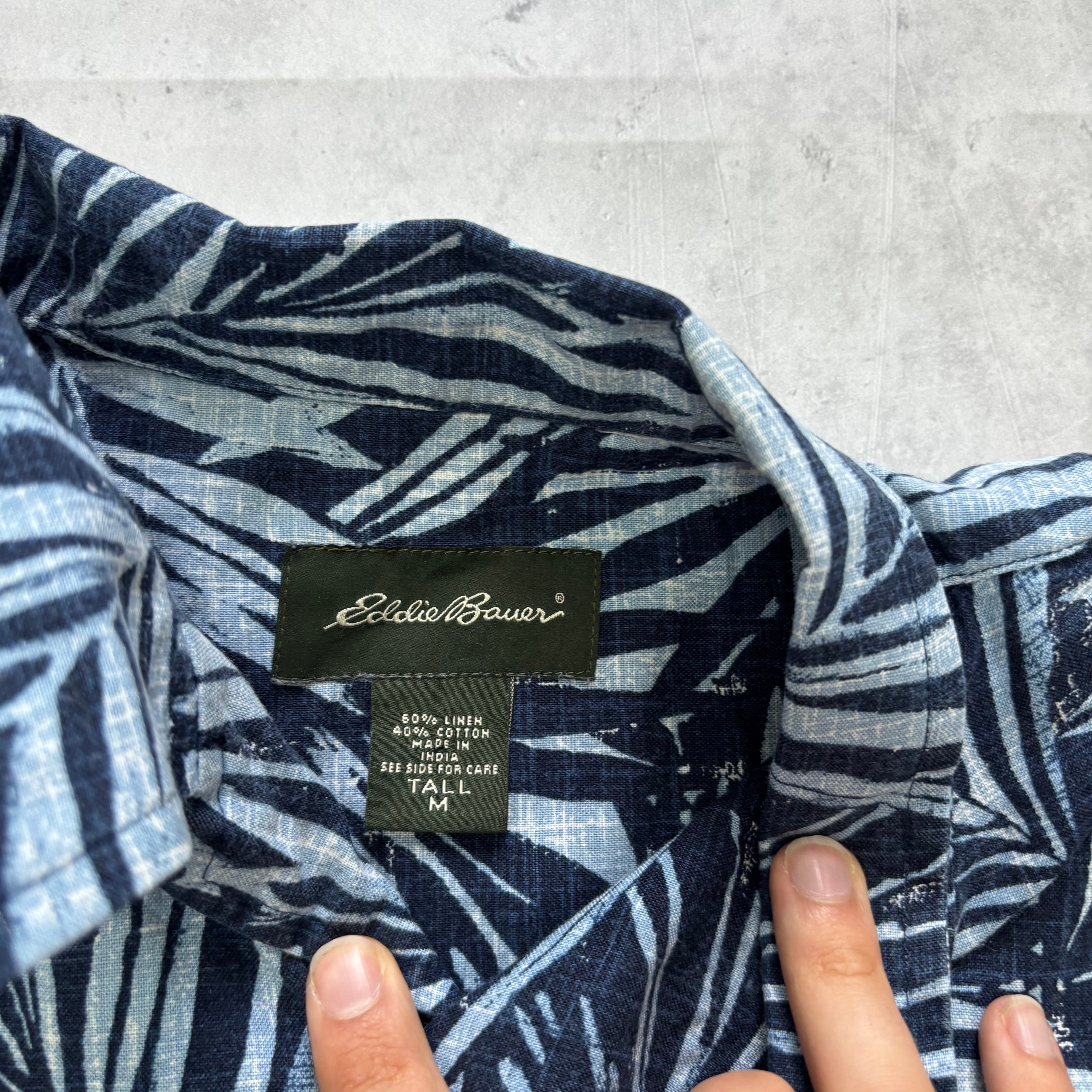 Eddie Bauer Hawaiian Shirt Mens Medium Tall Blue Floral Aloha Linen Vintage (E)