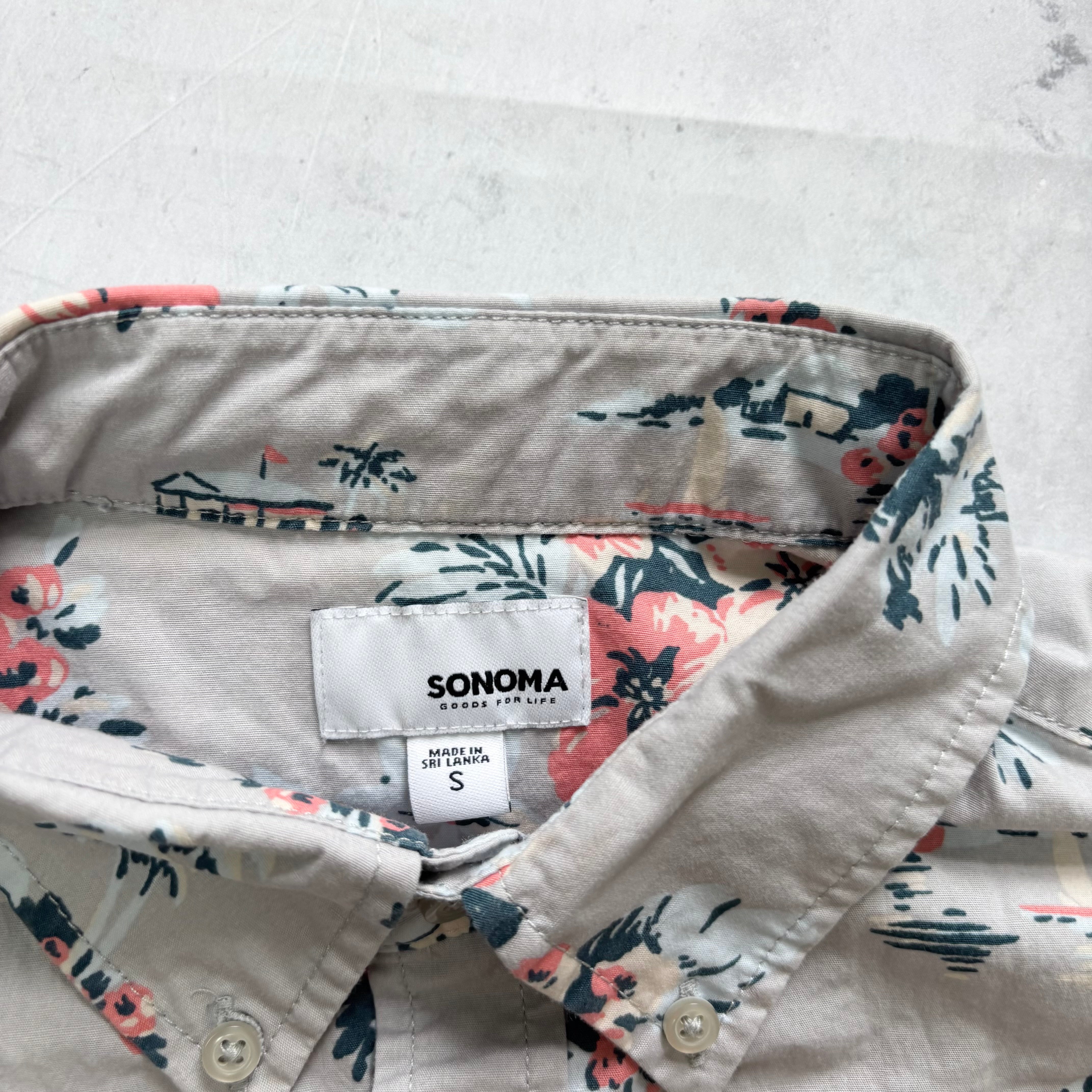 Sonoma Hawaiian Shirt Mens Small Grey Floral Aloha Short Sleeve Cotton (E)