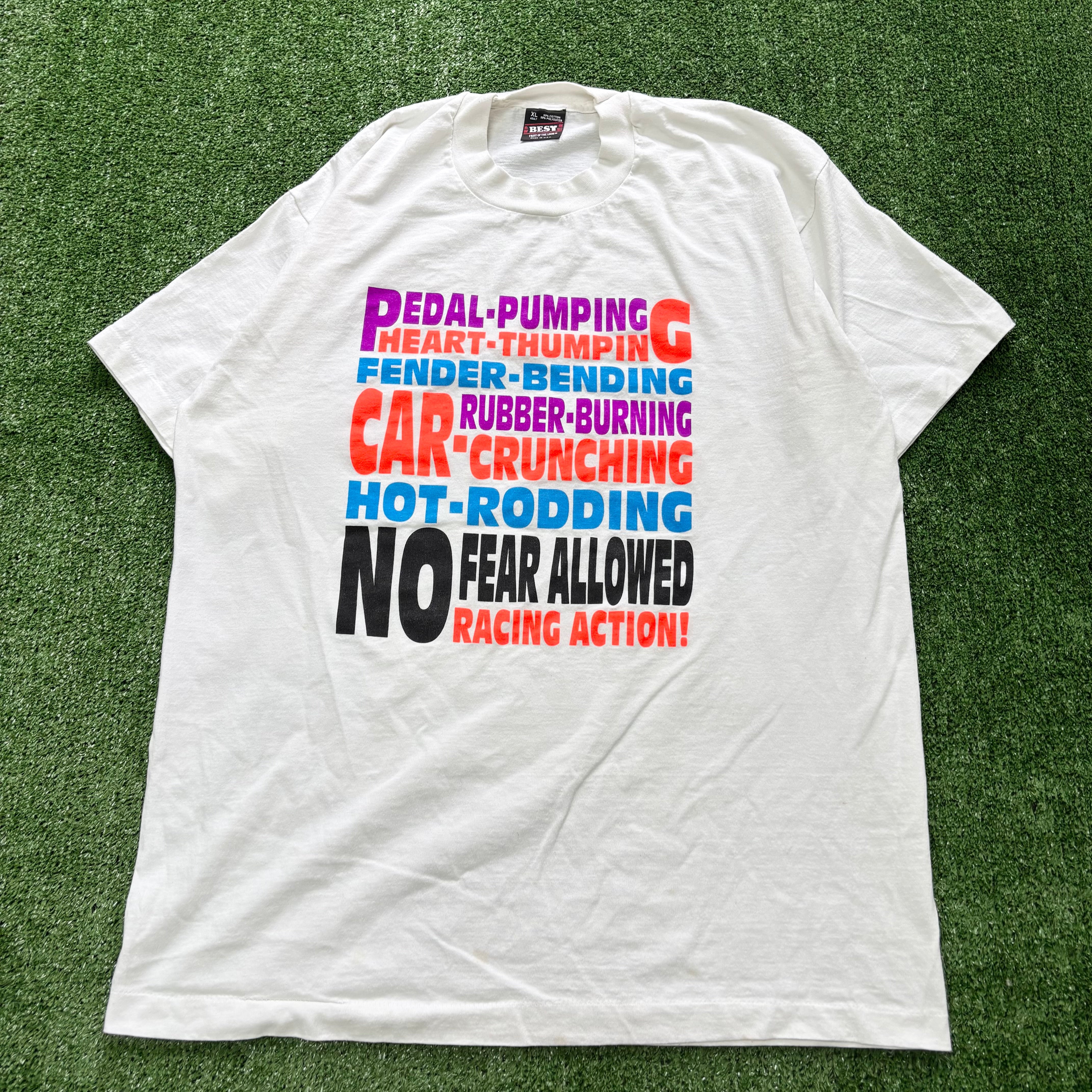 Vintage T Shirt Mens XL White Single Stitch Graphic Print 90s USA Racing