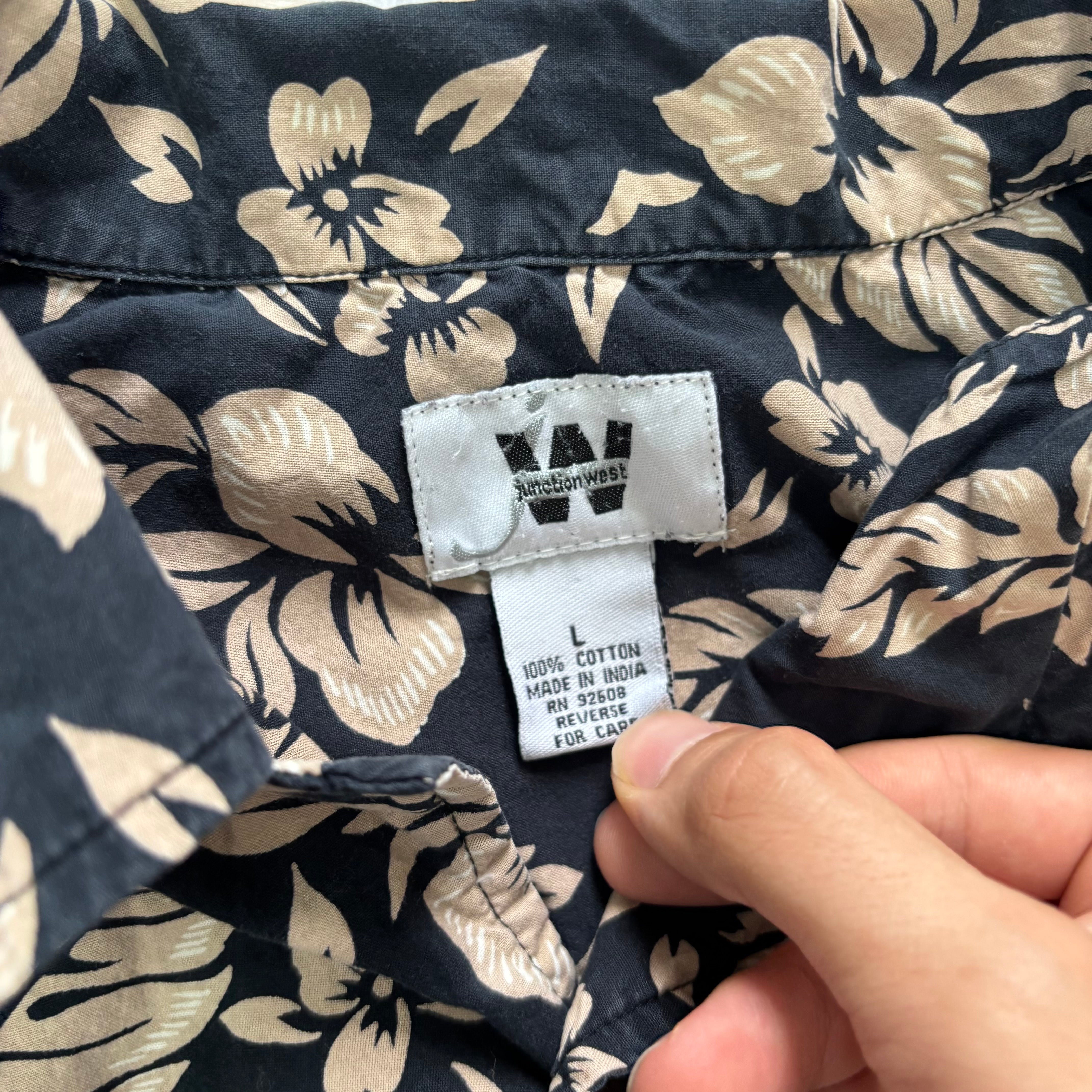 Vintage Hawaiian Shirt Mens Large Navy Floral Aloha Short Sleeve Cotton (E)