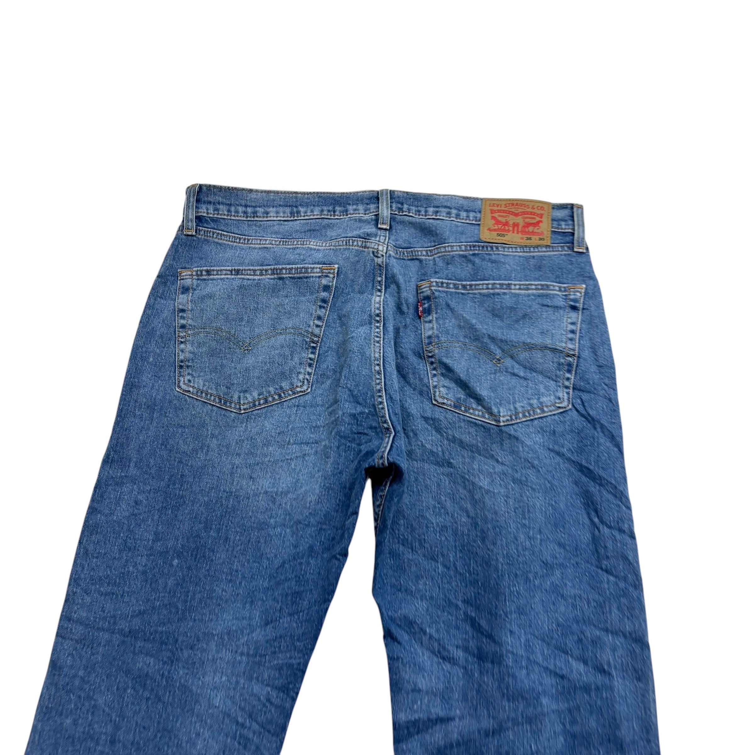 Levis 505 Jeans W36 L32 Mens Mid Blue Regular Straight Fit Stretch Denim (E)