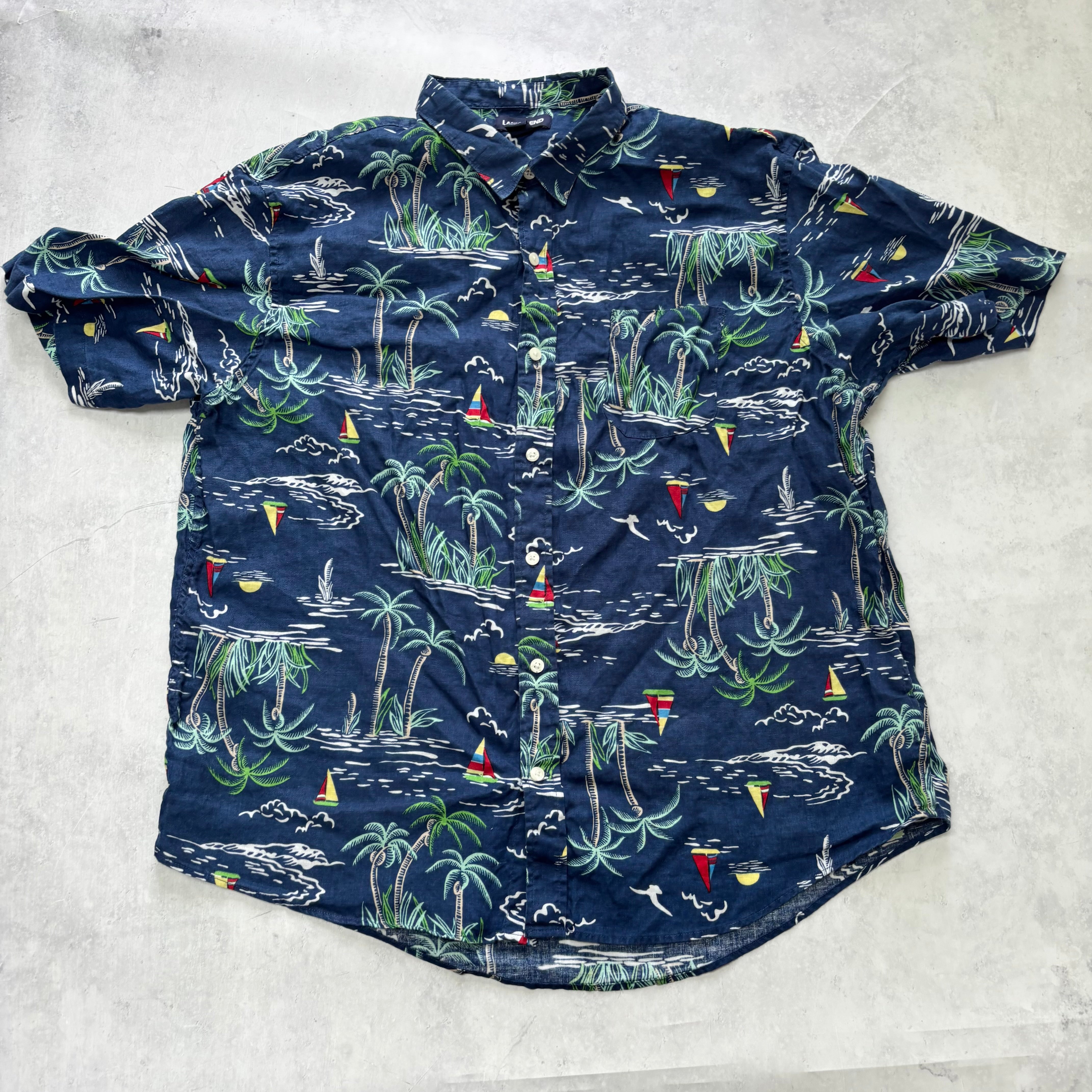 Hawaiian Shirt Mens XL Blue Floral Aloha Short Sleeve Linen (E)