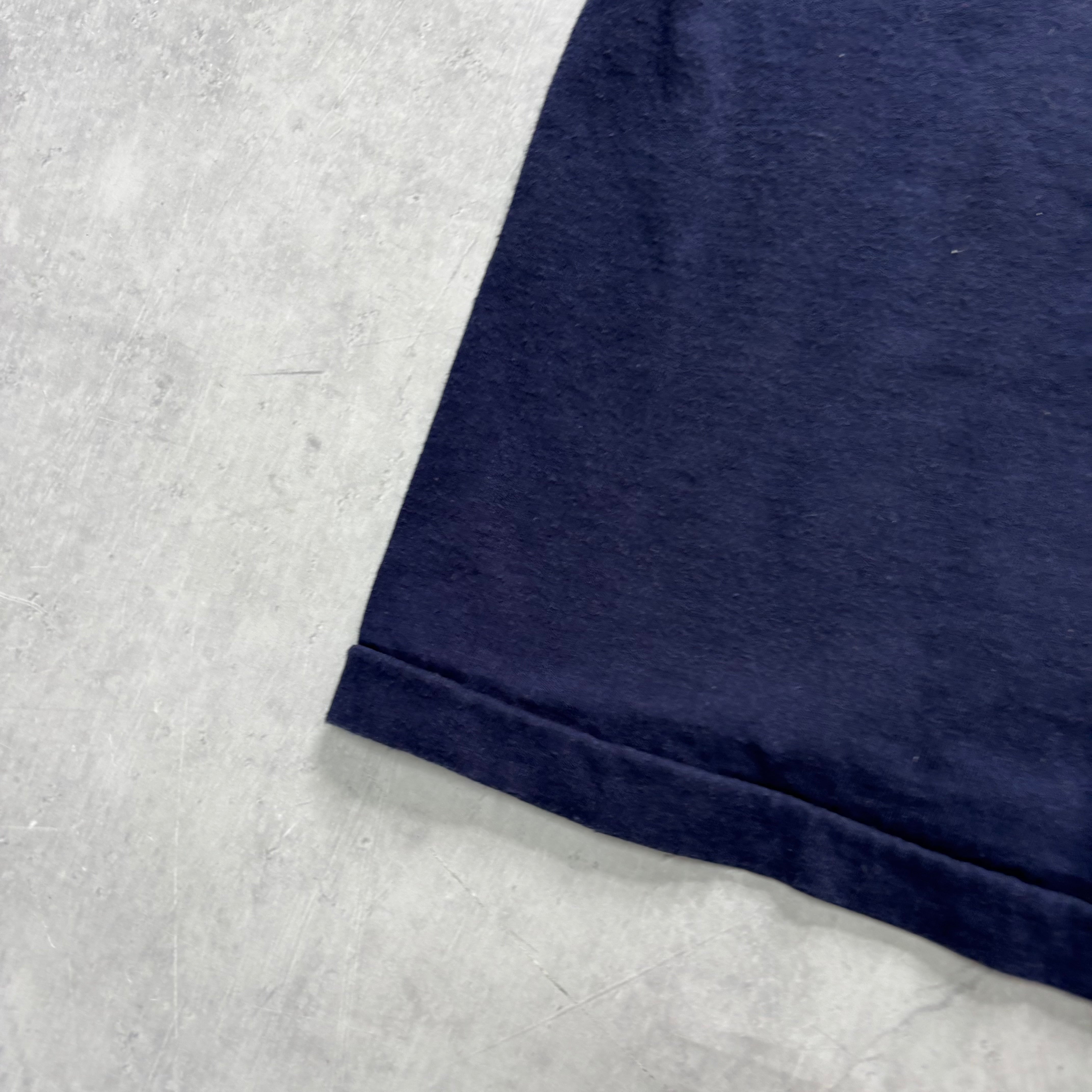 Vintage T Shirt Mens Medium Navy Blue Single Stitch Graphic Print 90s College (E)