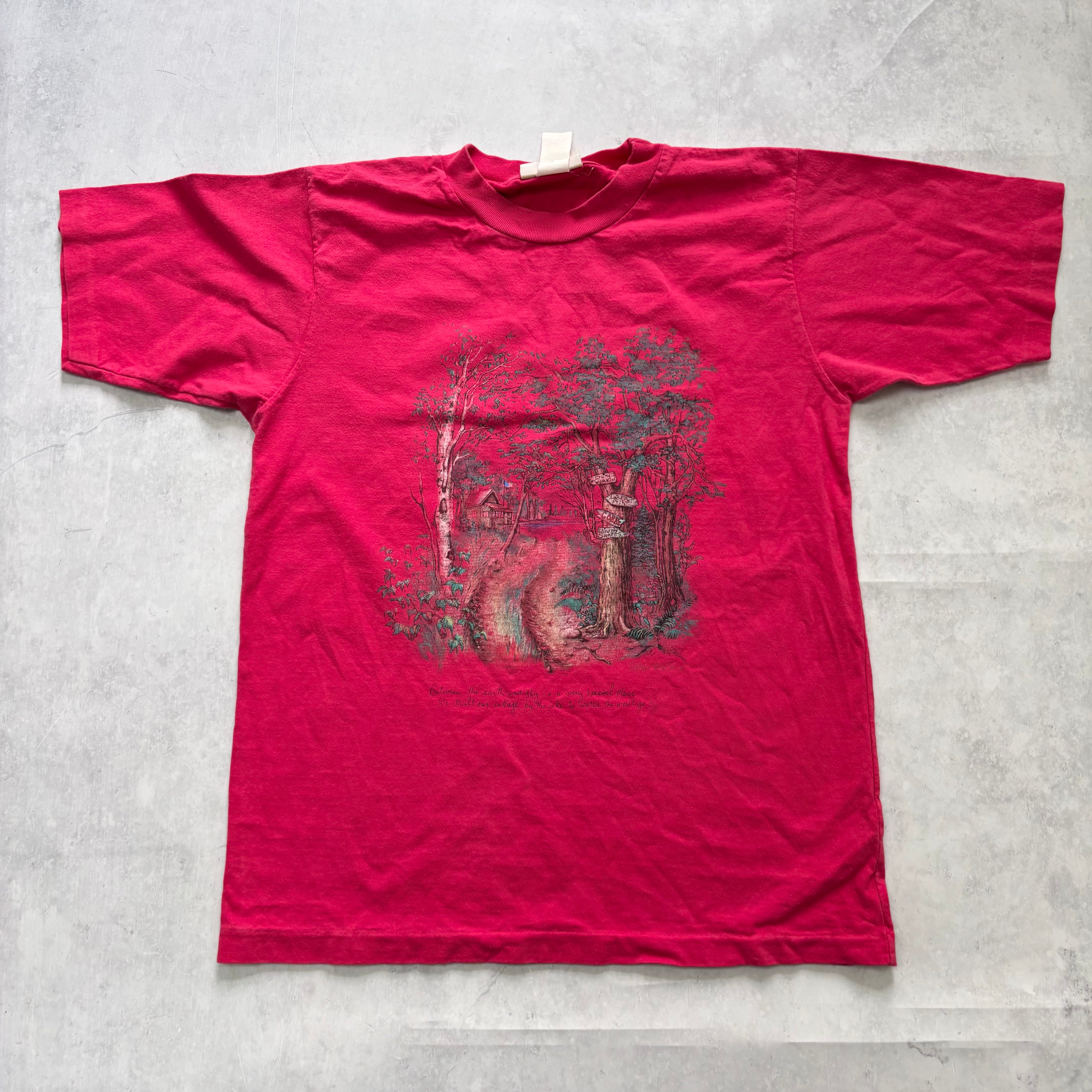 Vintage T Shirt Mens Small Pink Single Stitch Graphic Print 90s Cute Cottage (E)