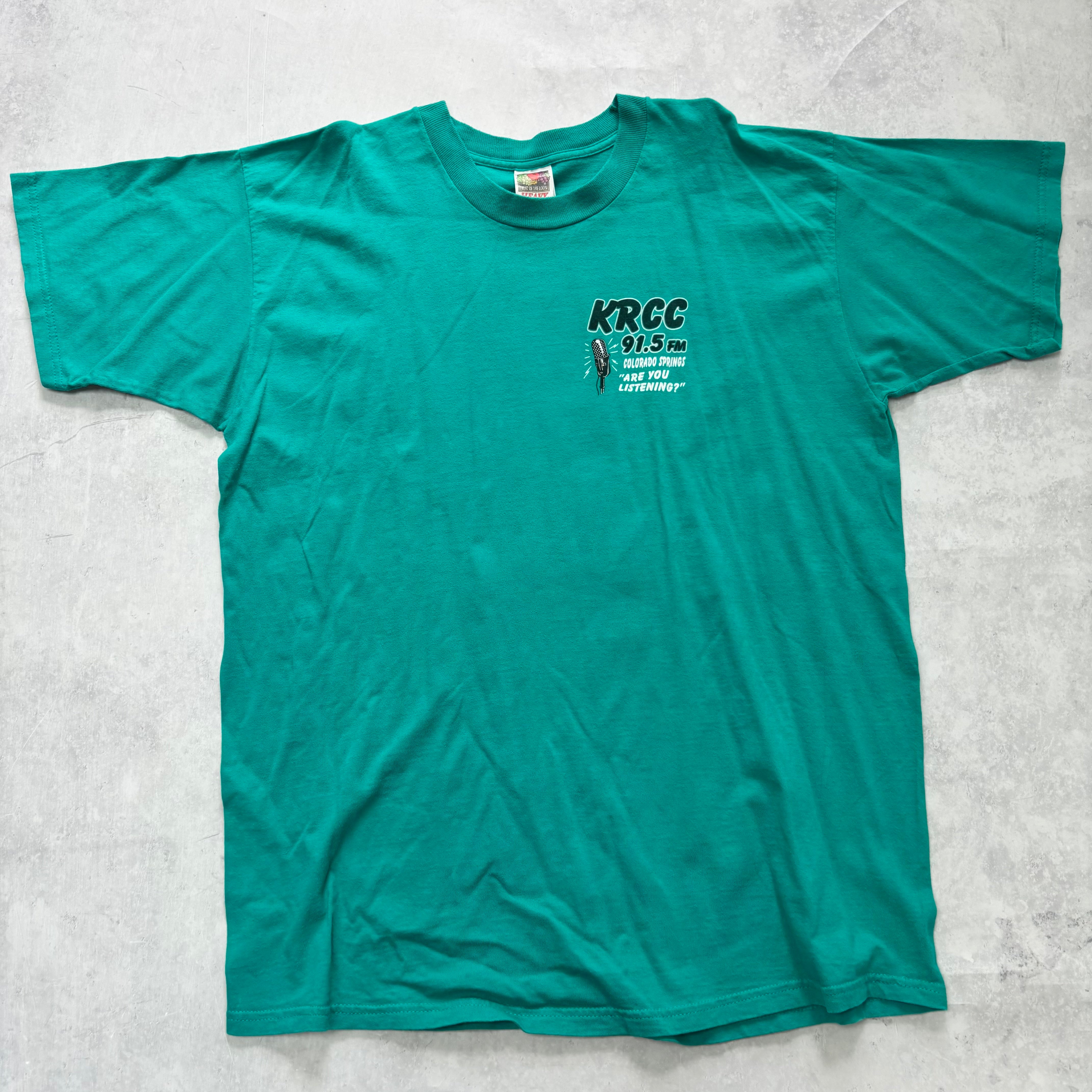 Vintage T Shirt Mens XL Teal Green Graphic Print 90s USA Radio (E)