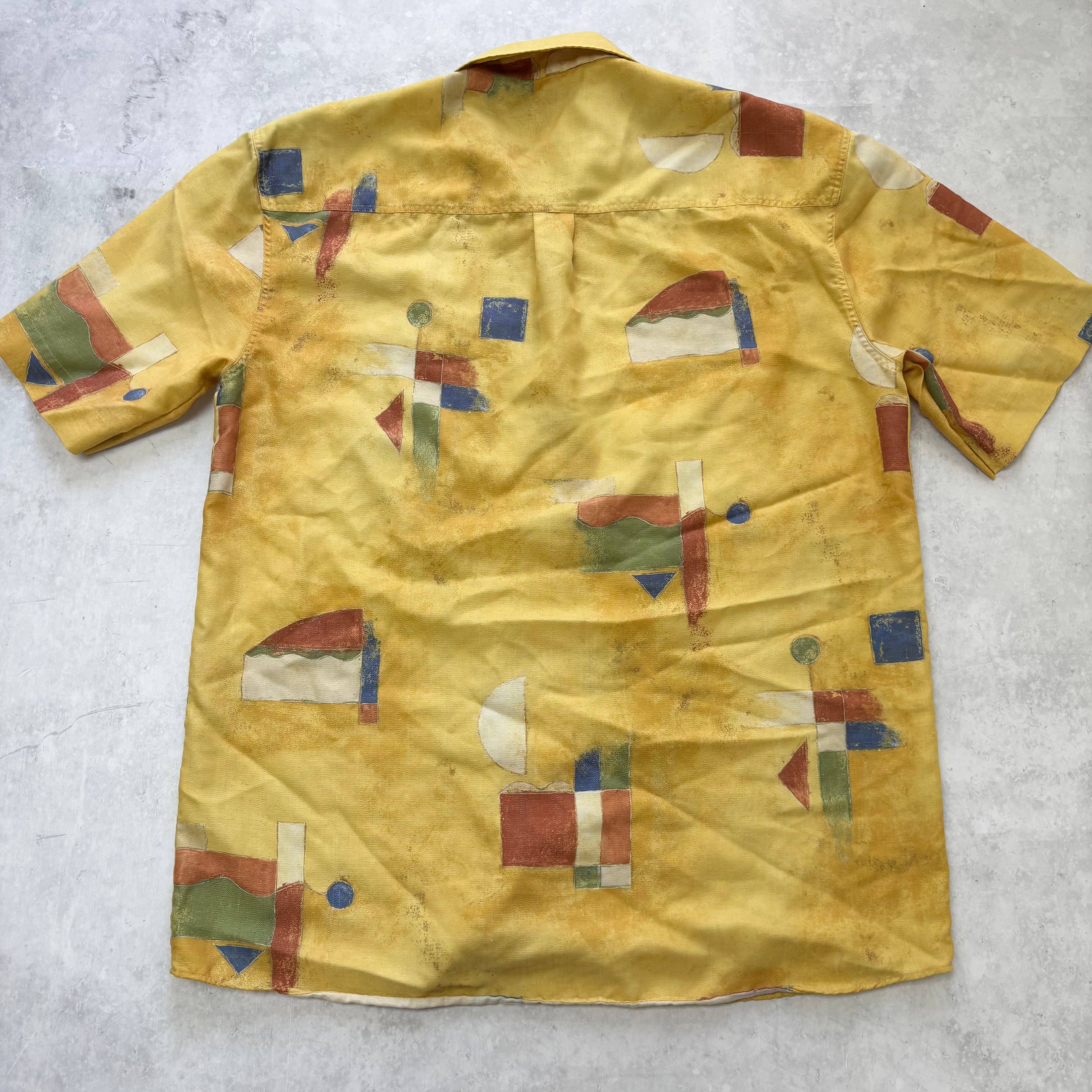 Vintage Funky Shirt Mens Large Yellow Art Abstract Short Sleeve (E)