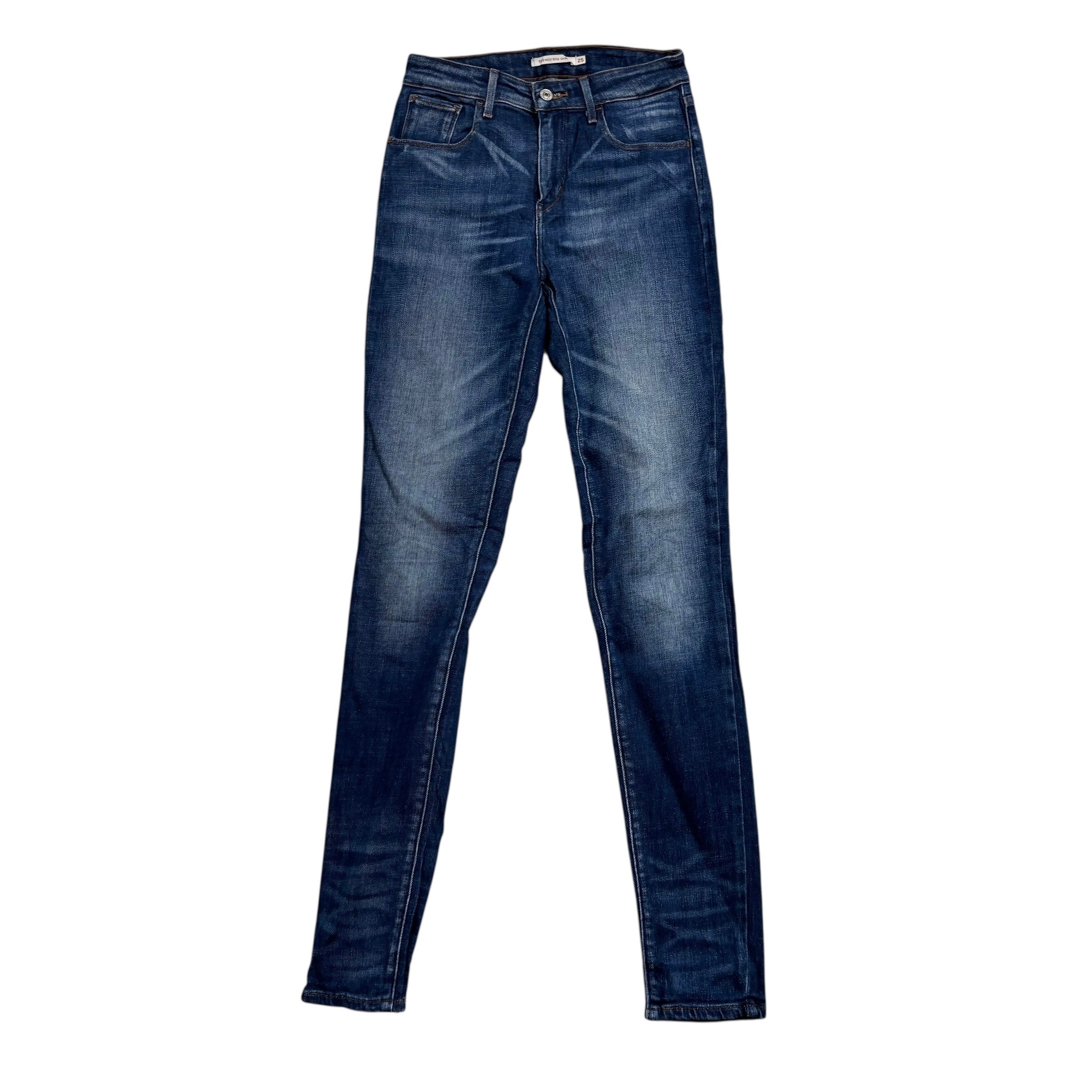 Levis 721 Jeans W25 L32 Womens High Rise Skinny Dark Blue Stretch Denim (E)
