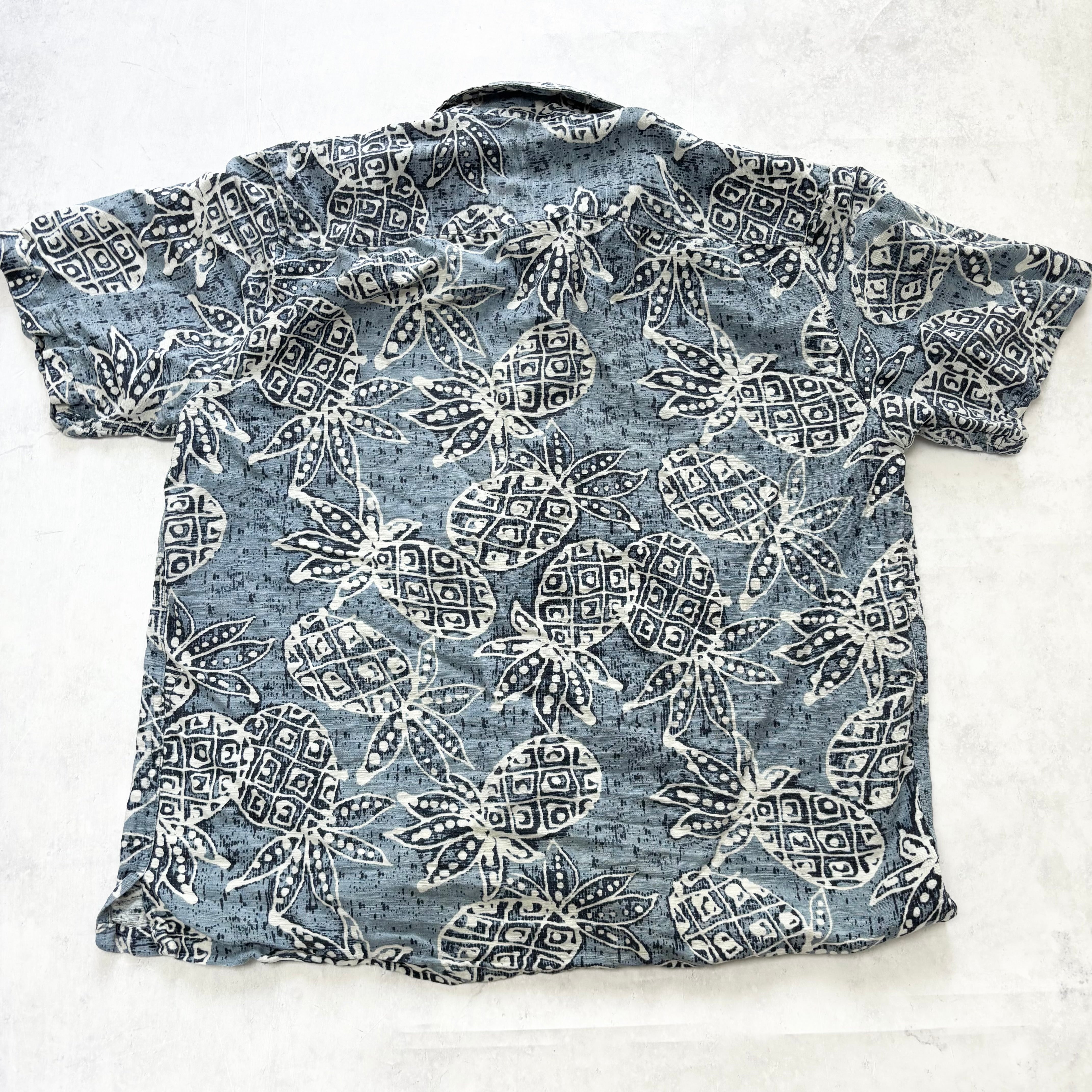 Hawaiian Shirt Mens Large Blue Floral Aloha Short Sleeve Silk Boxy Fit (E)