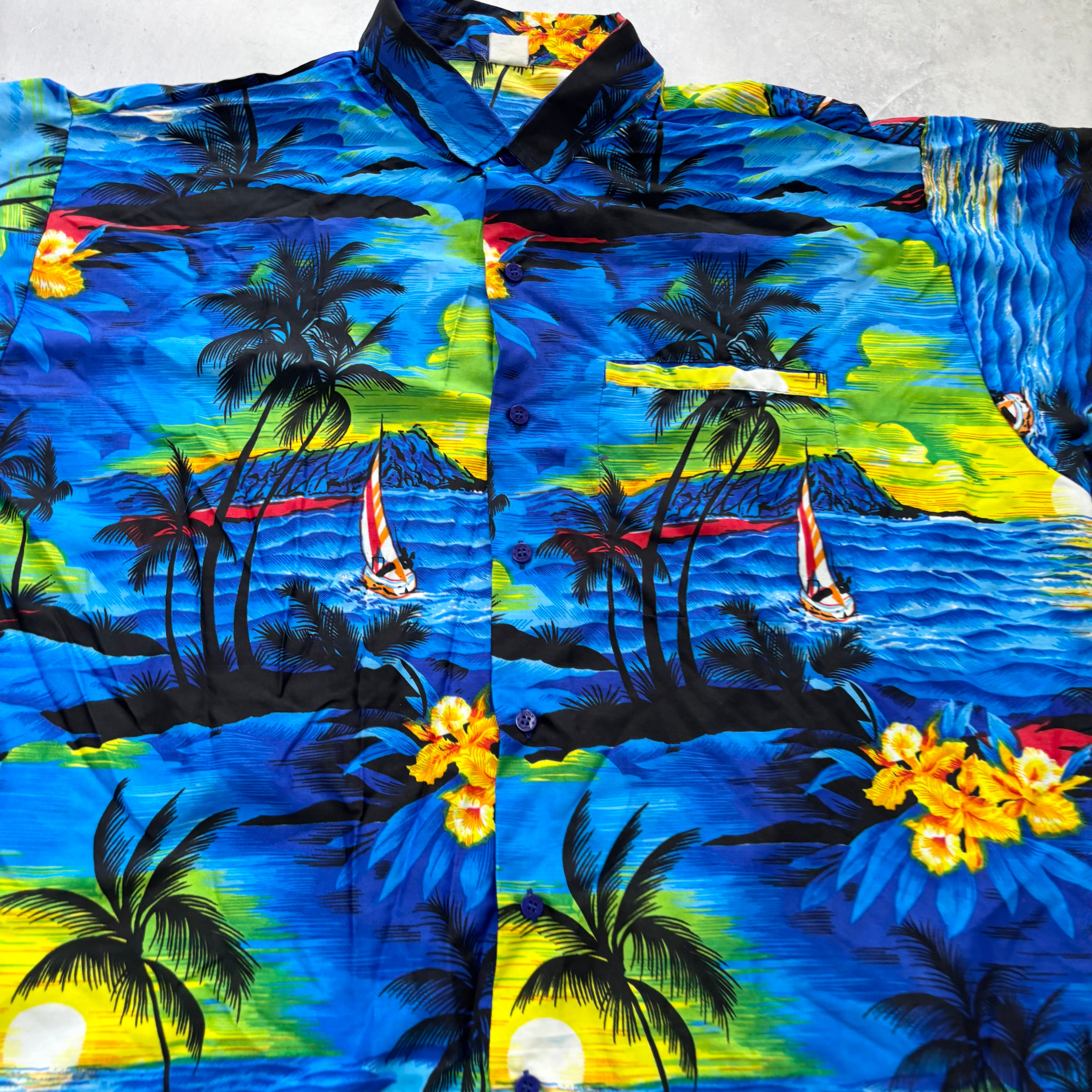 Hawaiian Shirt Mens XXL Blue Floral Aloha Short Sleeve Polyester (E)