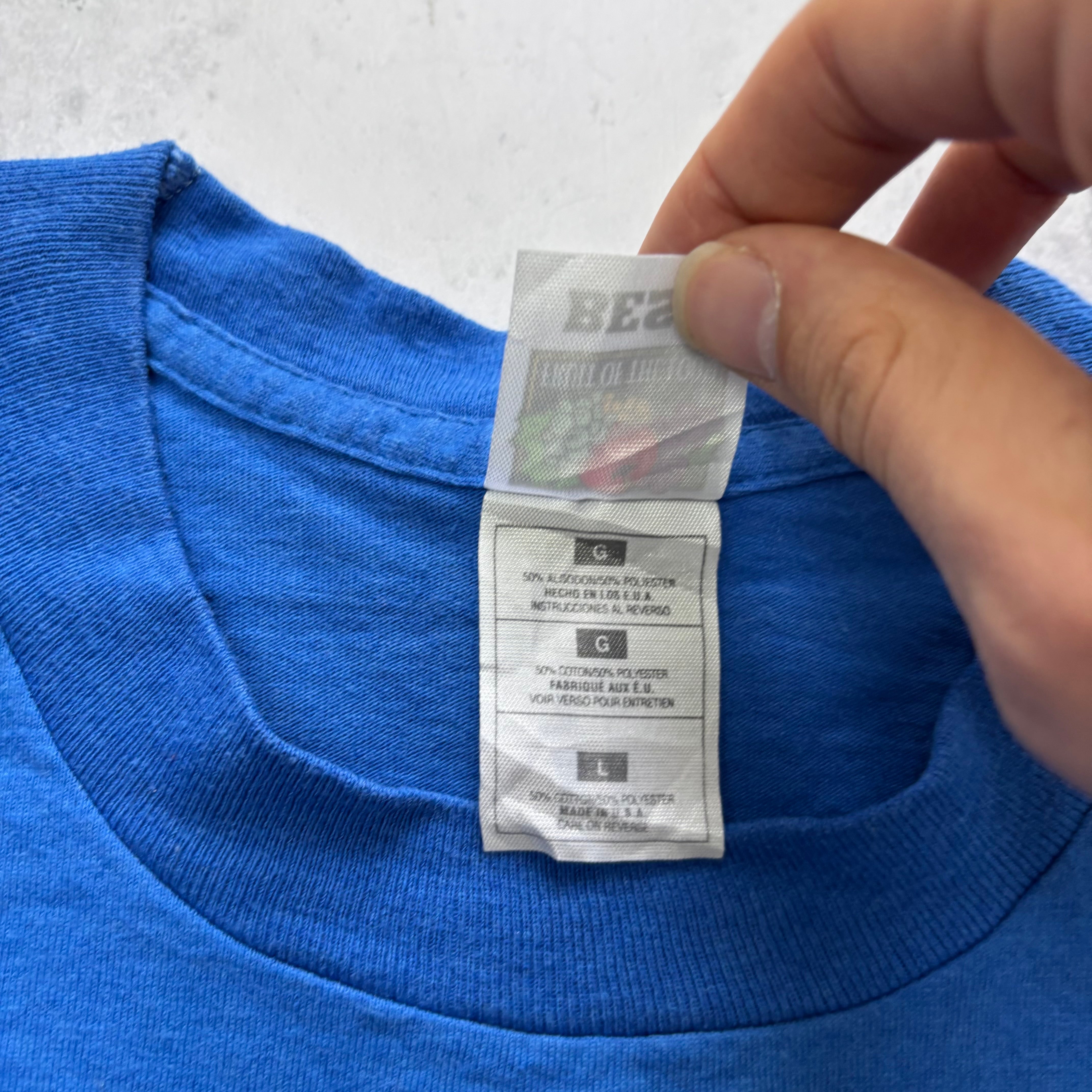 Vintage T Shirt Mens Large Blue Single Stitch Graphic Print 90s USA College (E)
