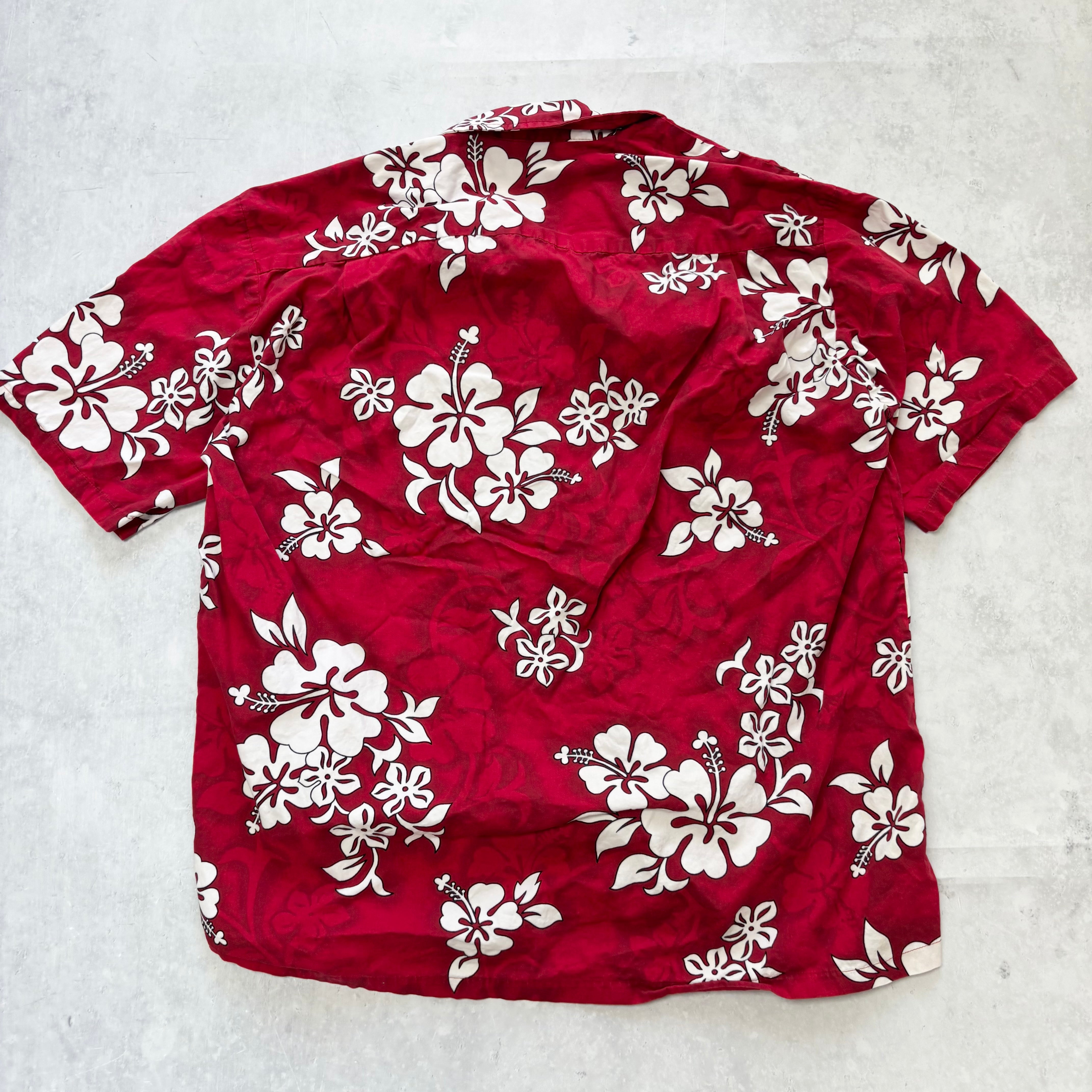 Vintage Hawaiian Shirt Mens Large Red Floral Aloha Short Sleeve Cotton