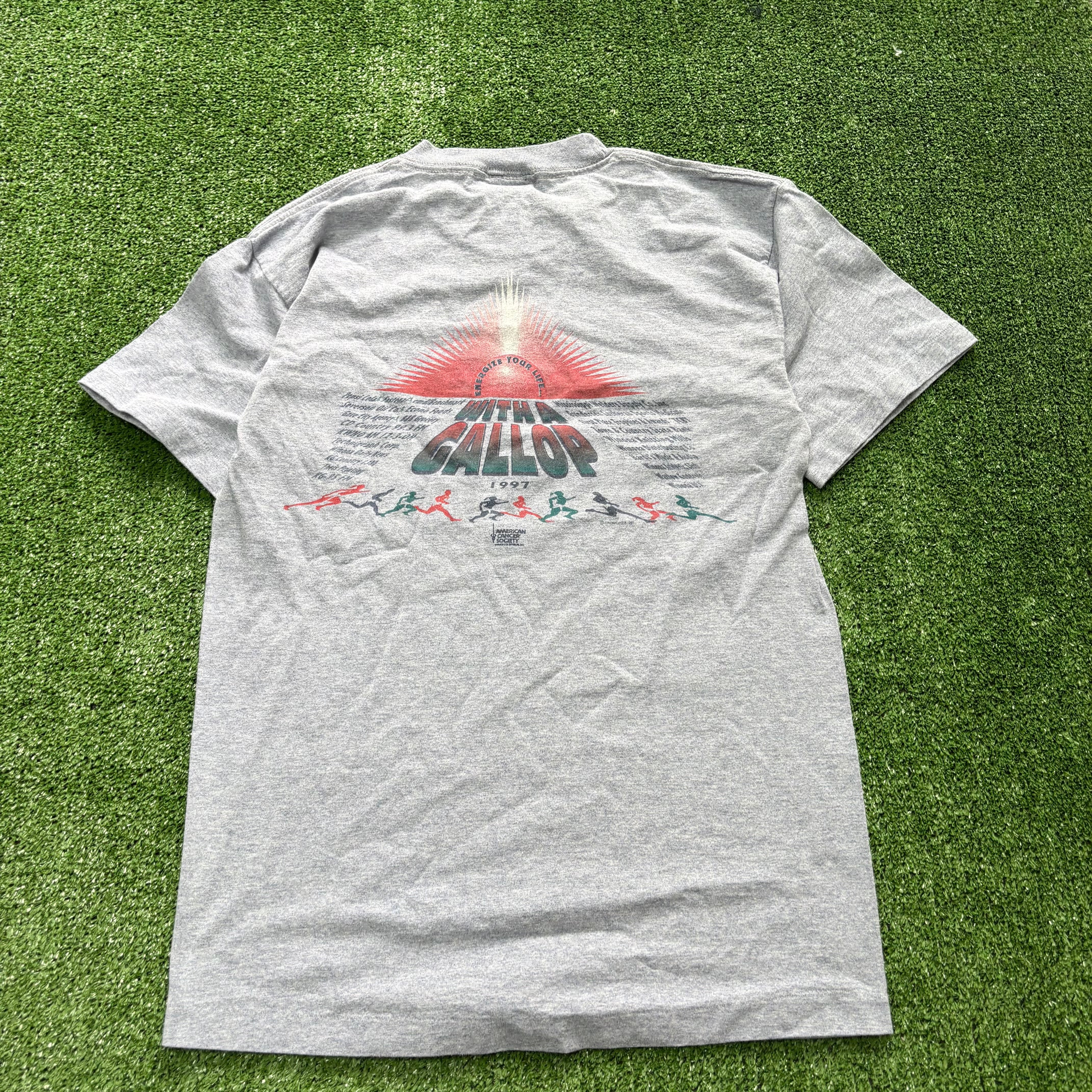 Vintage T Shirt Mens Small Grey Single Stitch Graphic Print 90s Run Race (E)