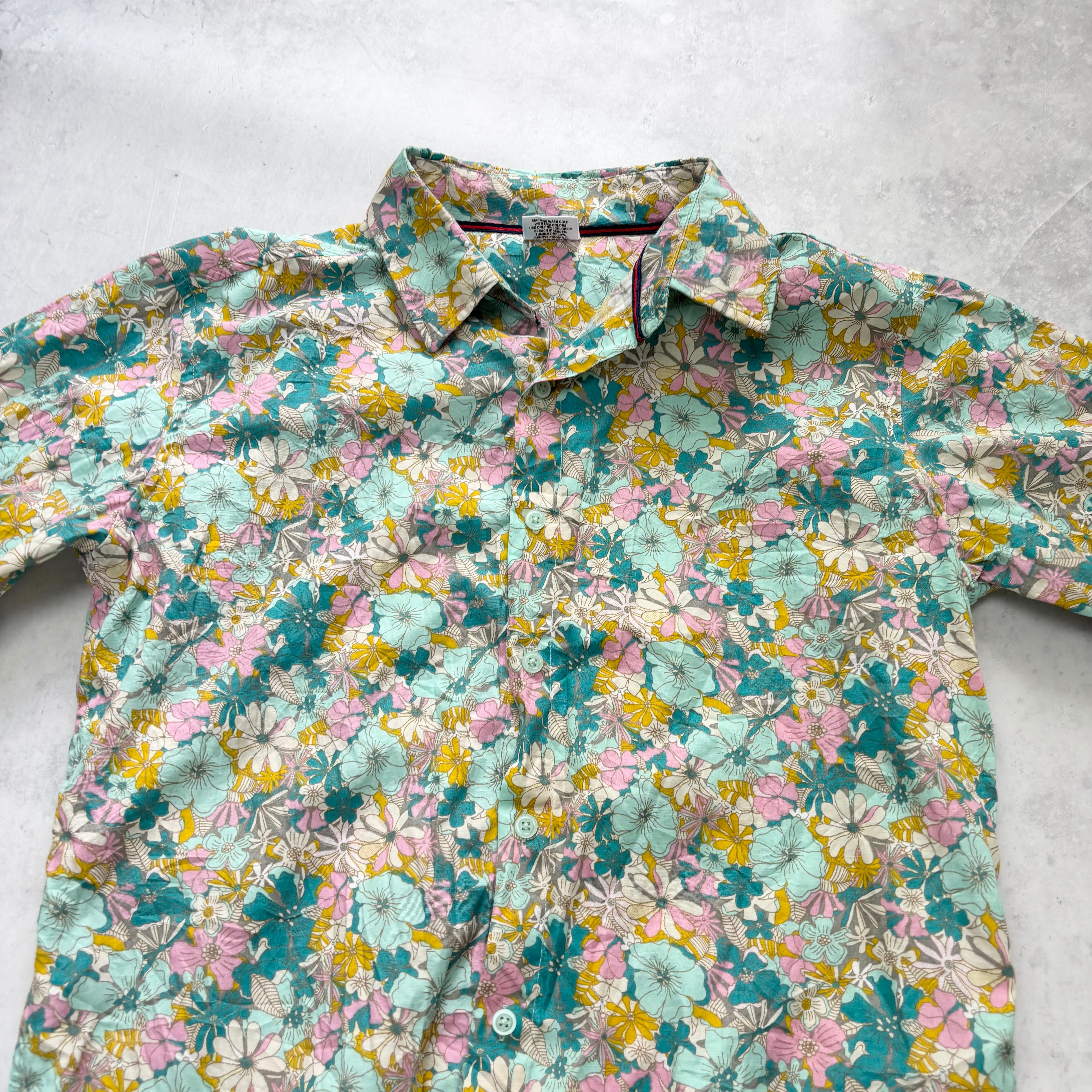 Hawaiian Shirt Mens Small Pink Blue Floral Aloha Short Sleeve Cotton Blend (E)