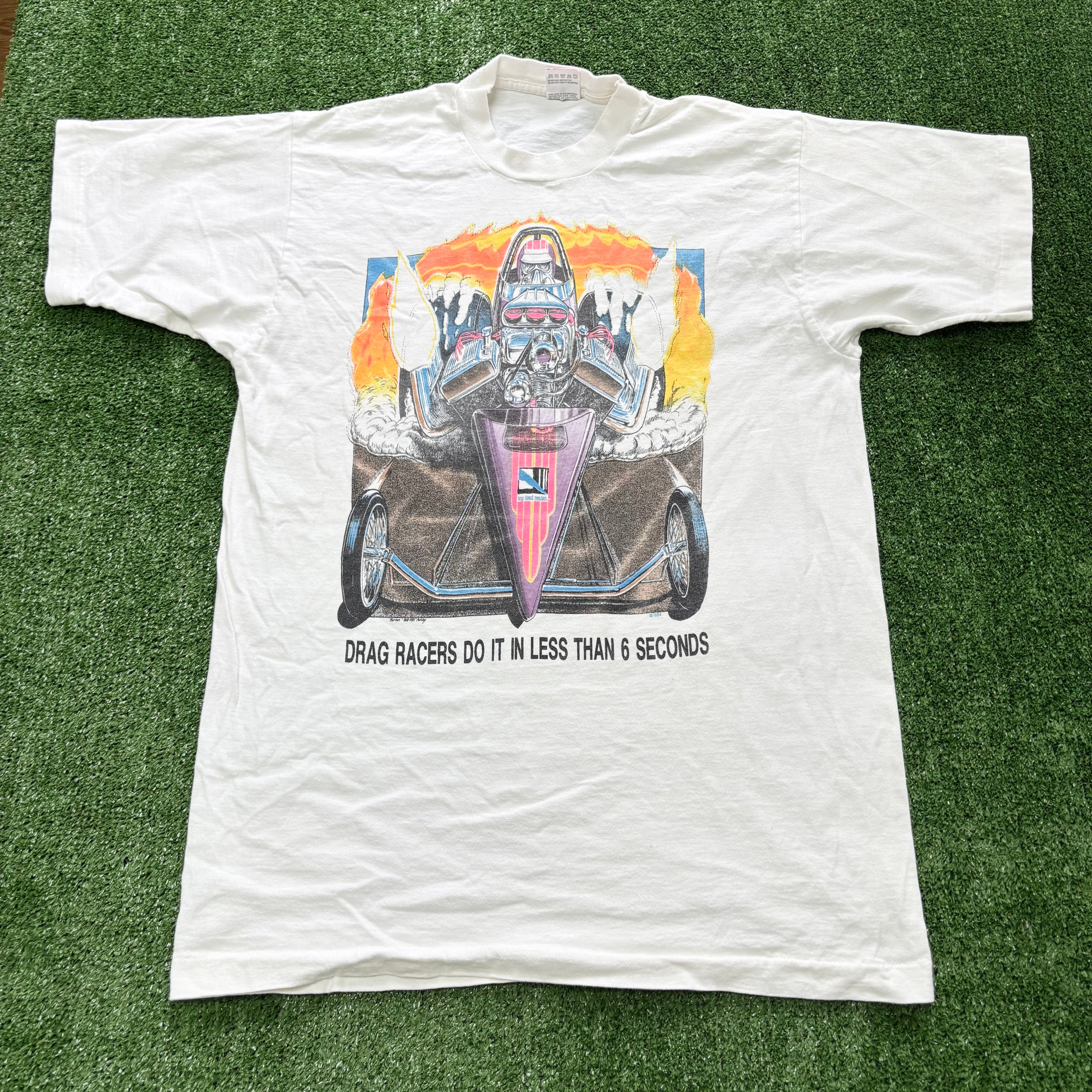 Vintage T Shirt Mens Large White Single Stitch Graphic Print 90s Racing (E)