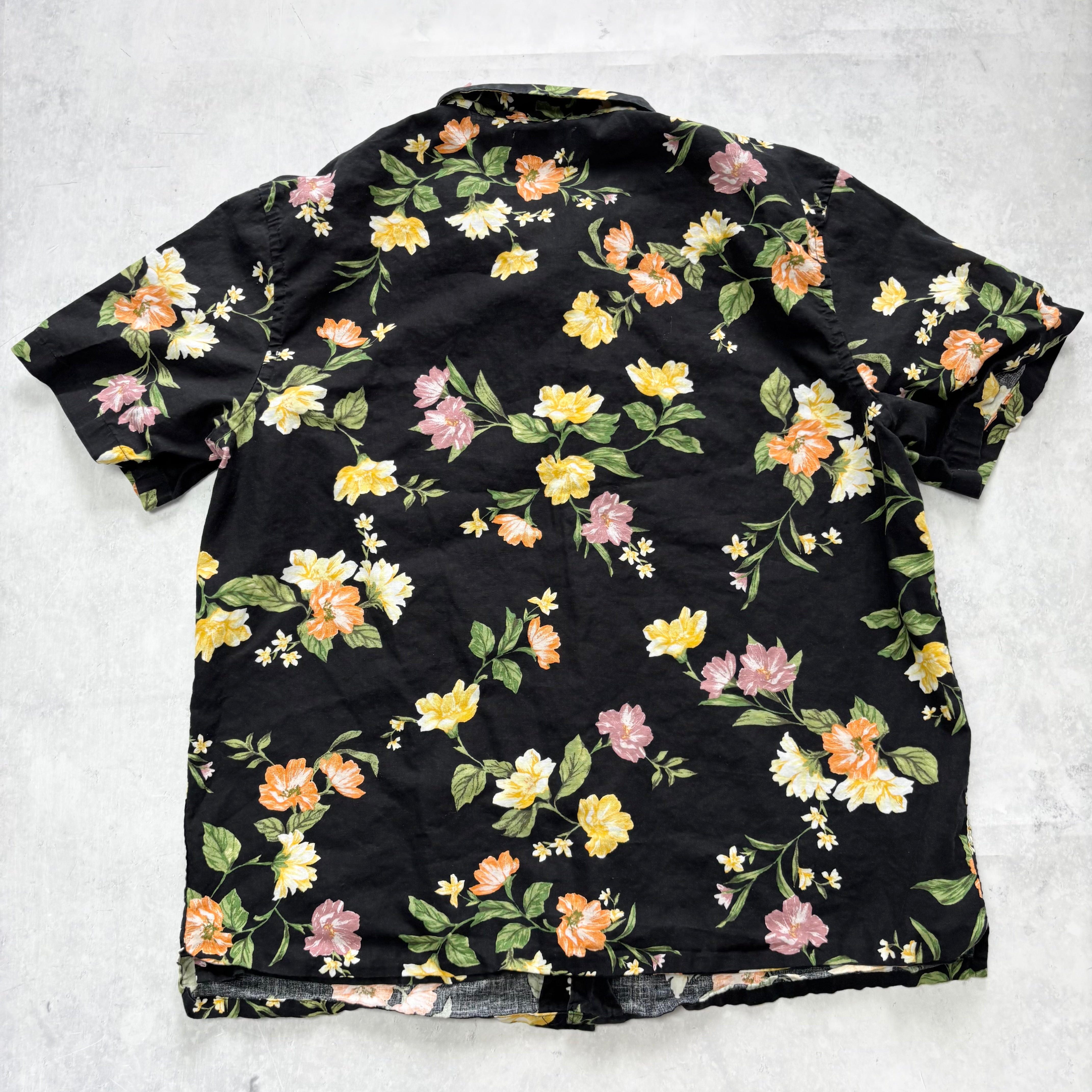 Old Navy Hawaiian Shirt Mens Large Black Floral Aloha Short Sleeve Linen (E)