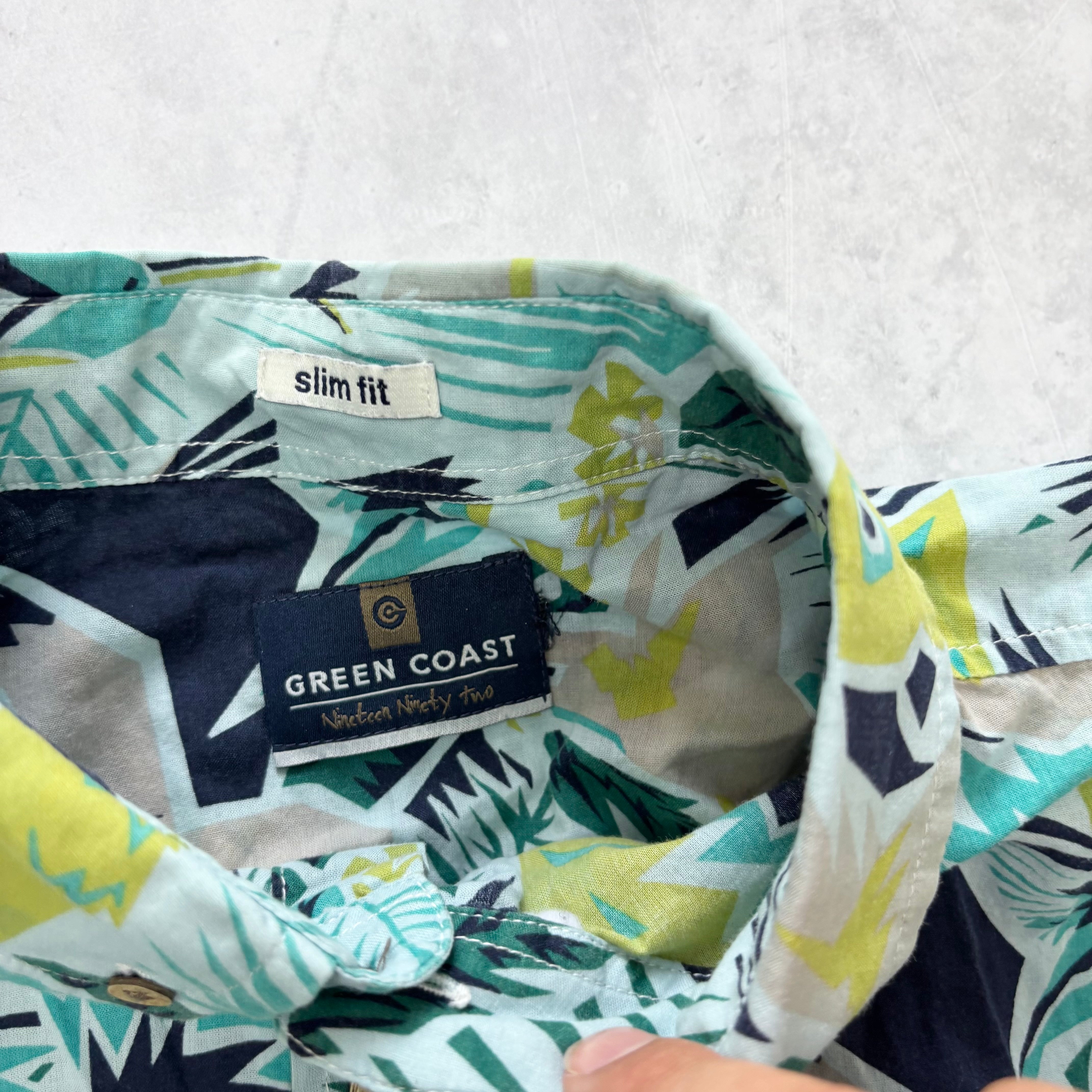Hawaiian Shirt Mens Large Blue Aloha Floral Short Sleeve Cotton Slim Fit (E)