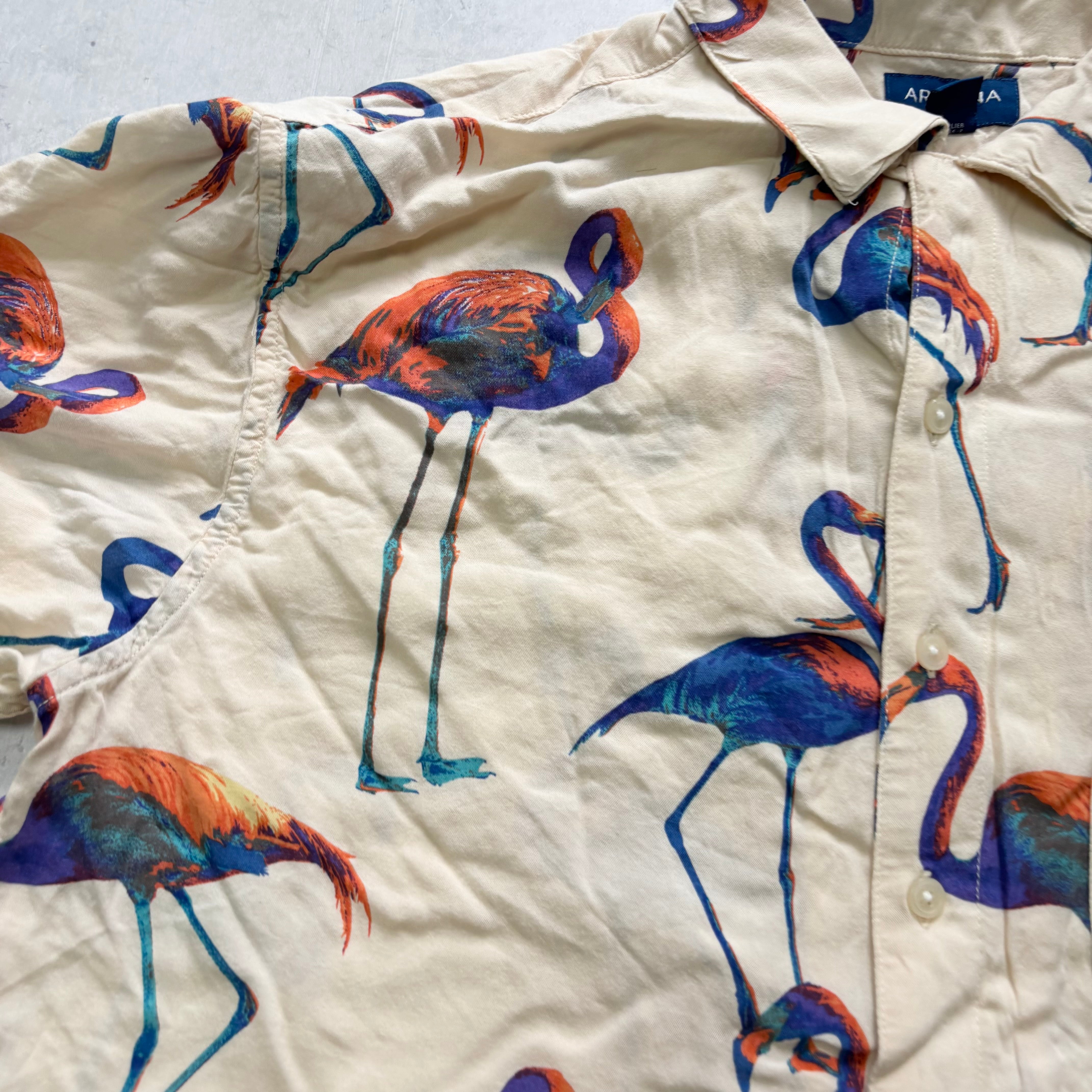 Arizona Jean Co. Shirt Mens Medium Cream Flamingos Short Sleeve Viscose (E)