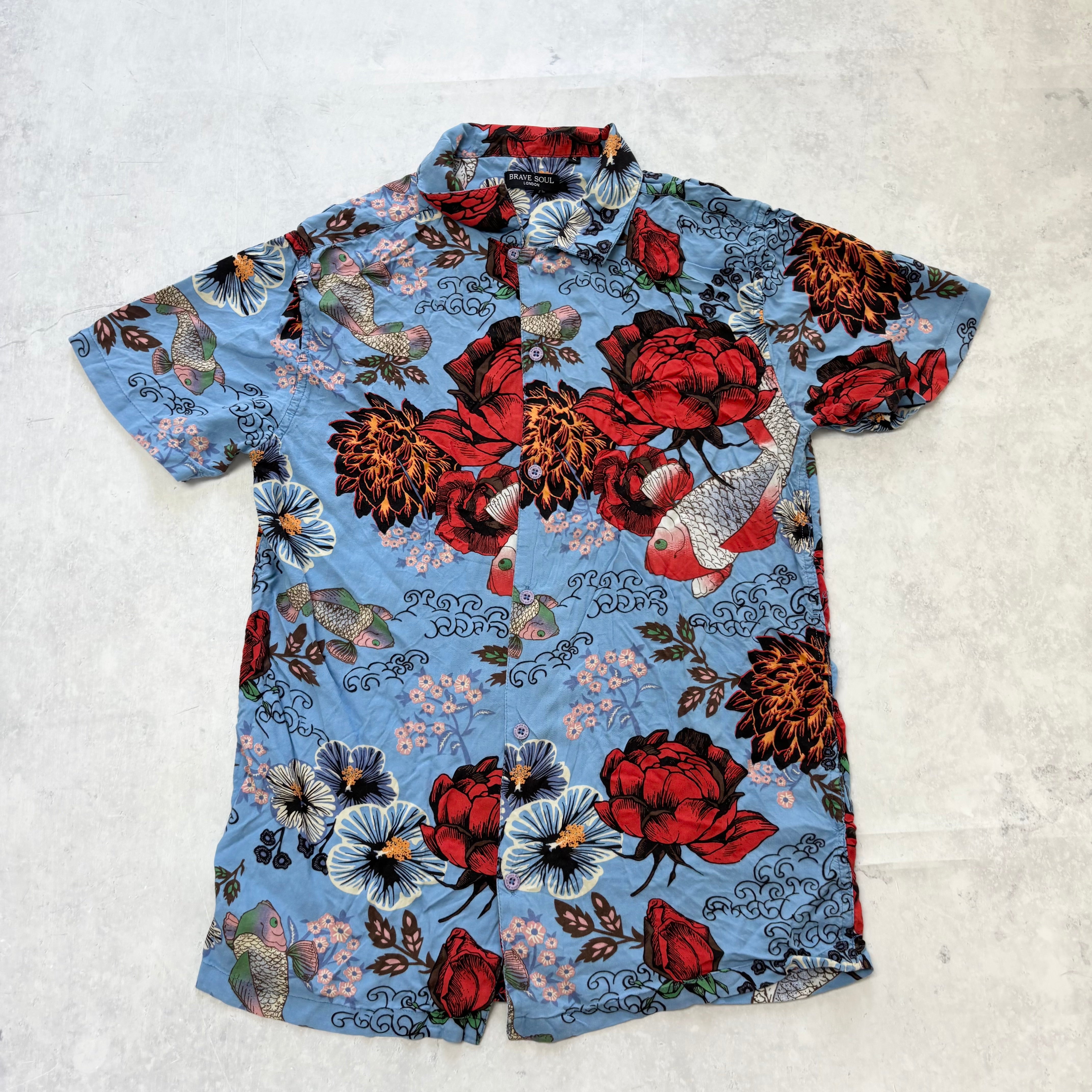 Hawaiian Shirt Mens Medium Blue Regular Fit Short Sleeve Viscose (E)