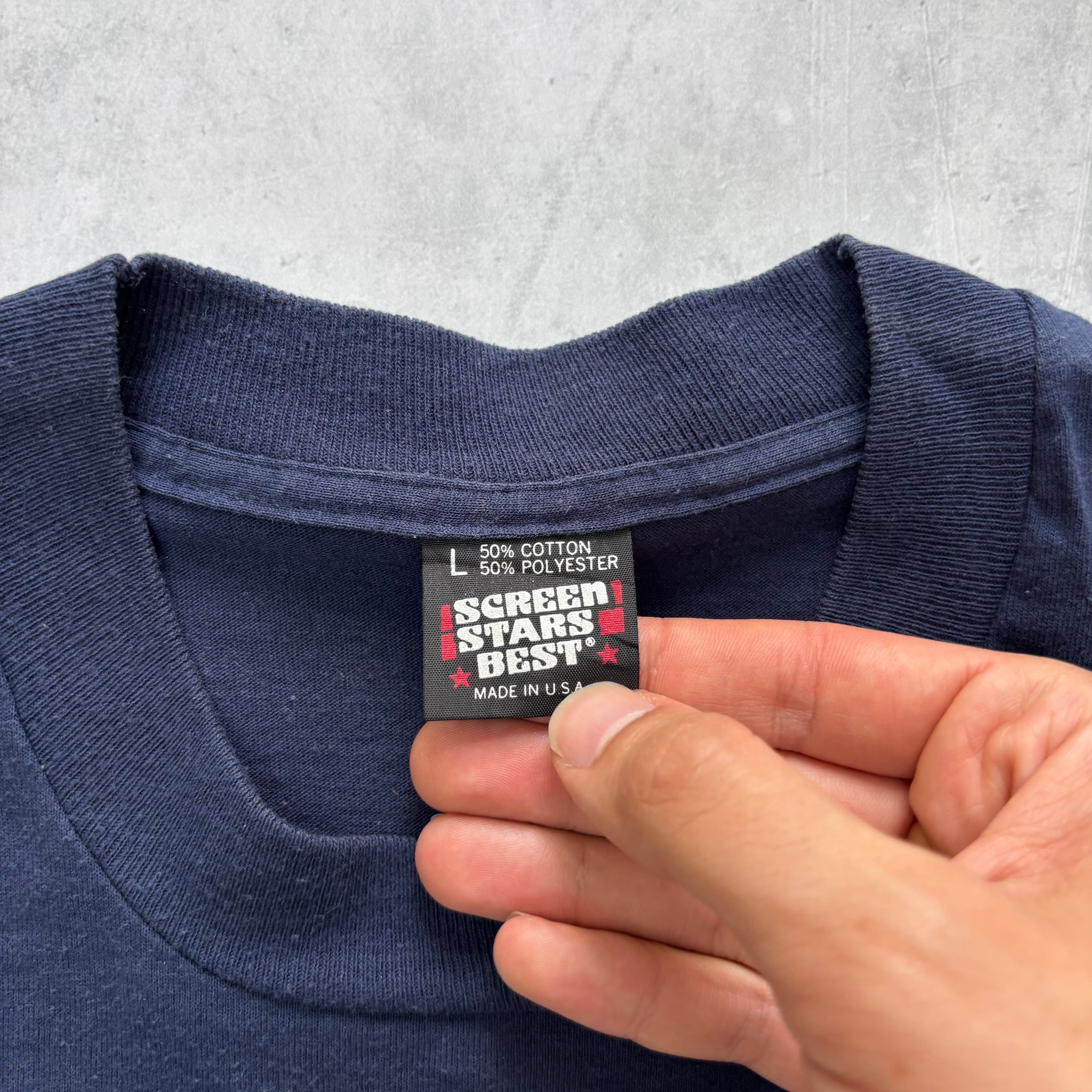 Vintage T Shirt Mens Medium Navy Blue Single Stitch Graphic Print College (E)