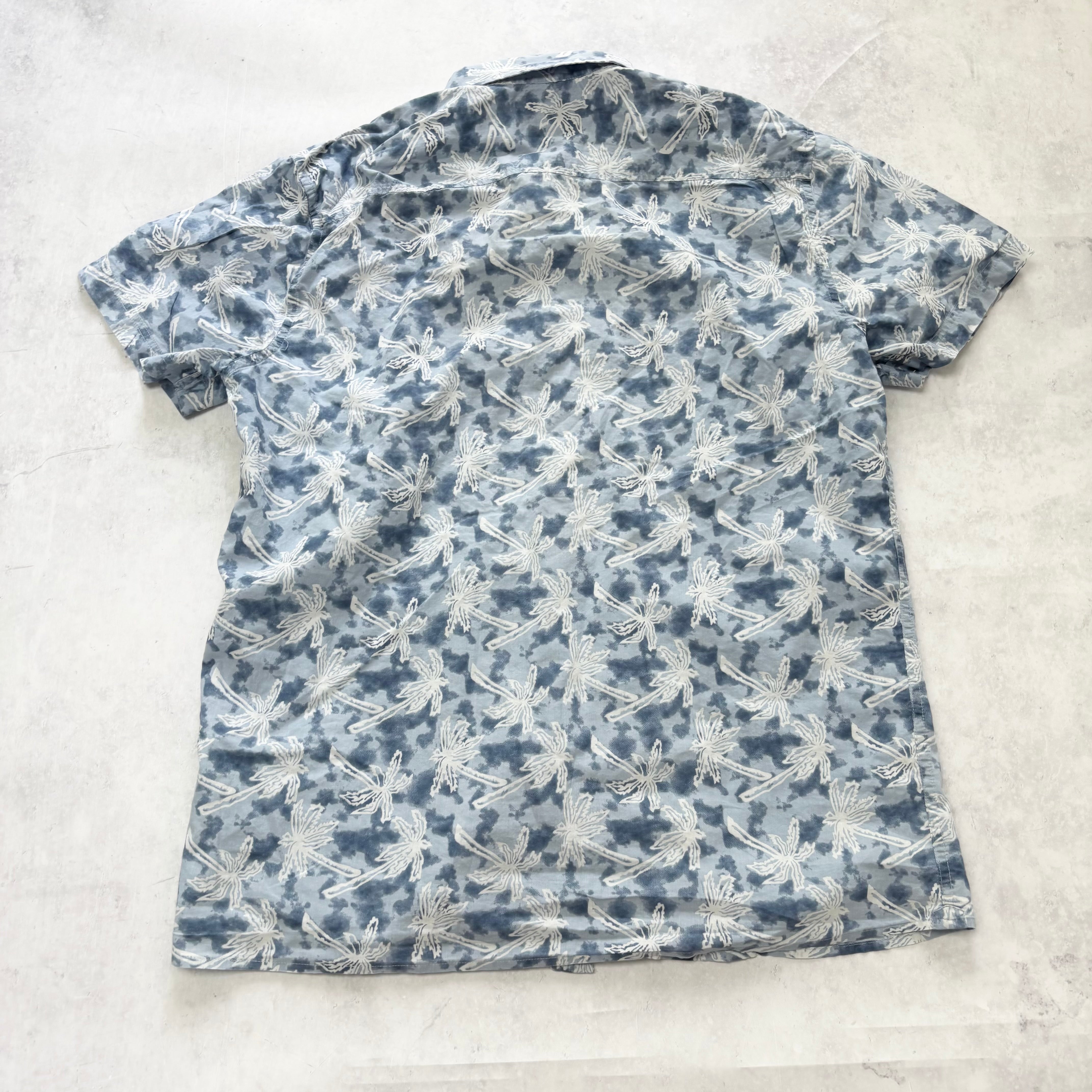 Hawaiian Shirt Mens Large Blue Aloha Floral Short Sleeve Cotton Slim Fit (E)