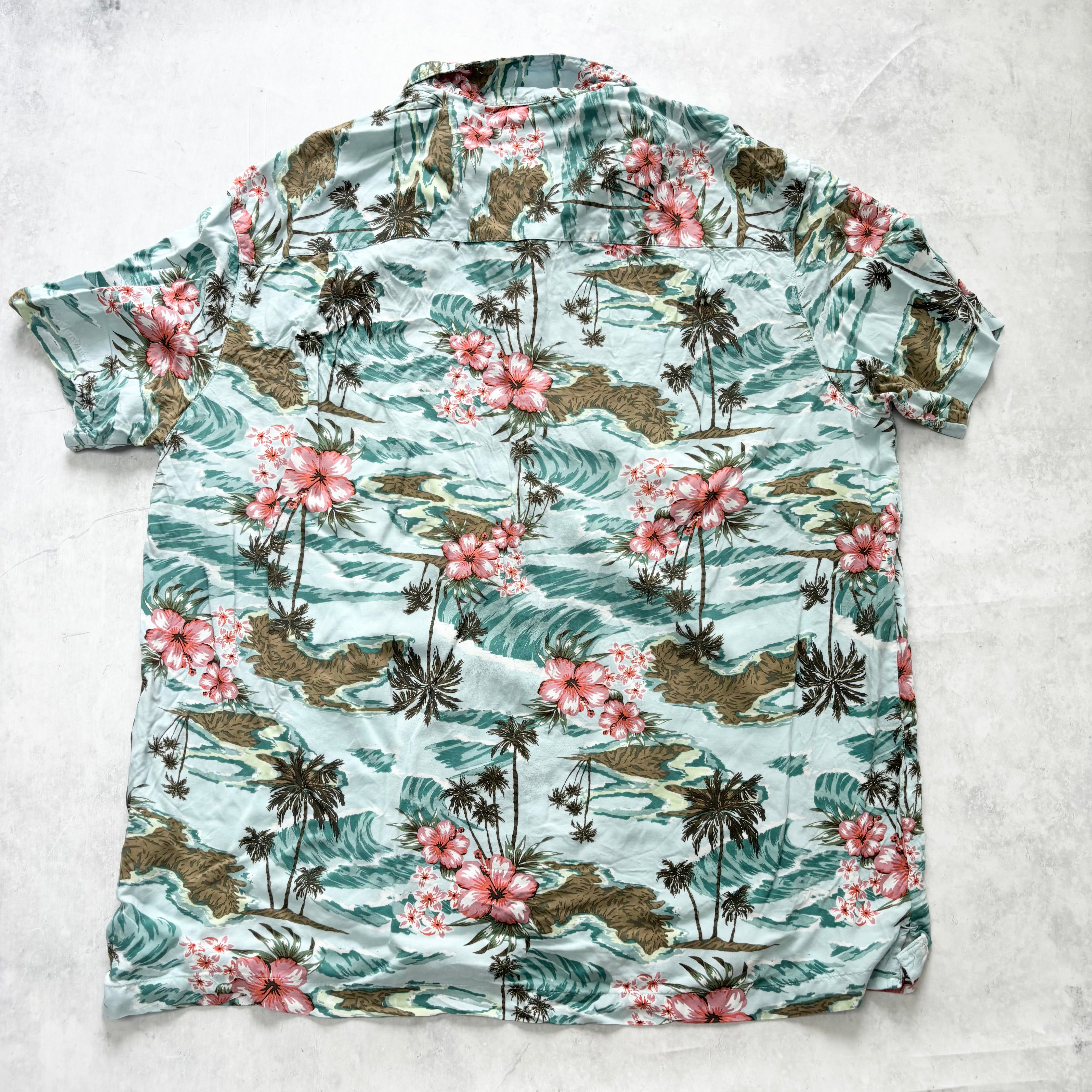 Hawaiian Shirt Mens XL Blue Floral Aloha Short Sleeve Rayon (E)