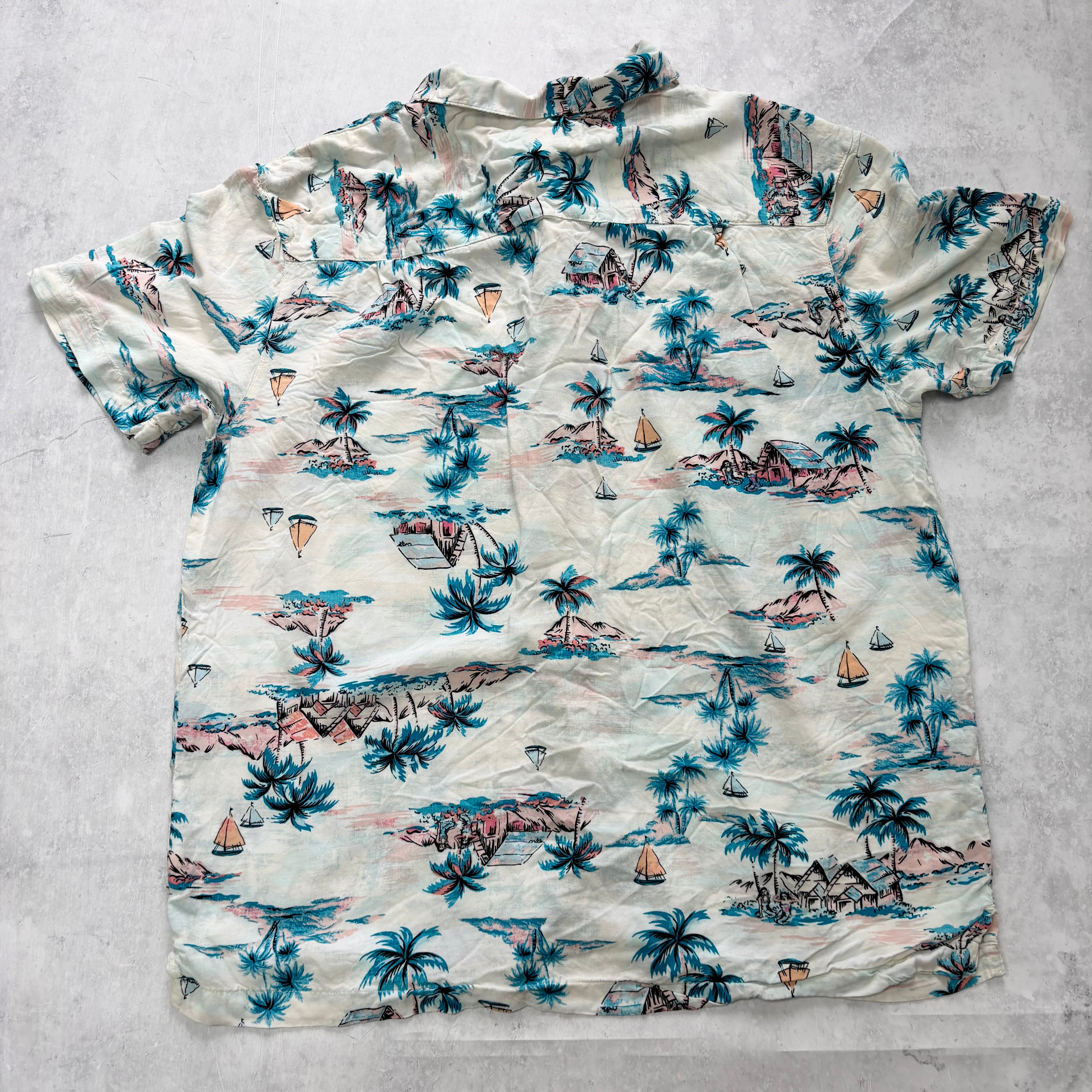 Hawaiian Shirt Mens Large White Floral Aloha Short Sleeve Rayon (E)