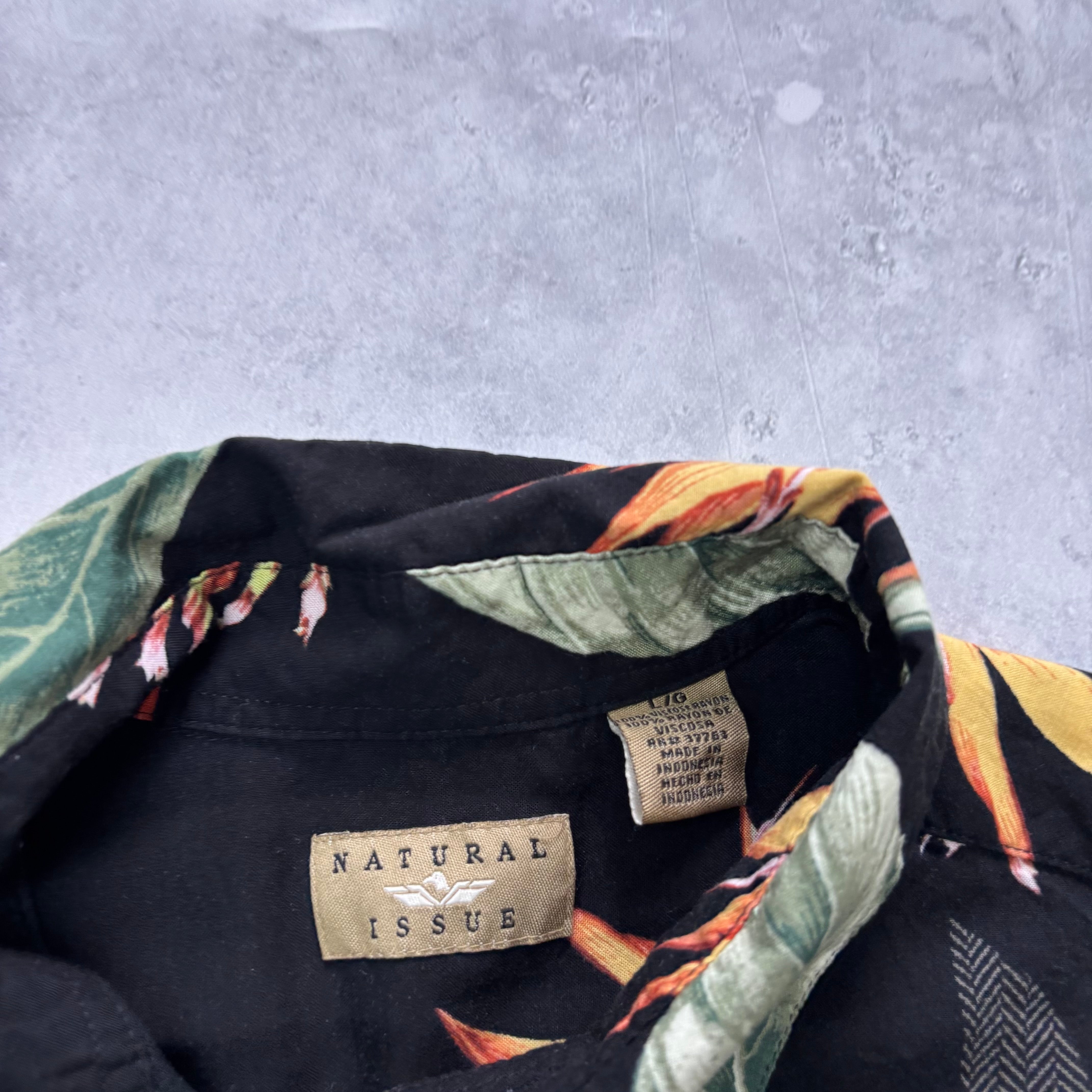 Vintage Hawaiian Shirt Mens Large Black Floral Aloha Short Sleeve Rayon (E)