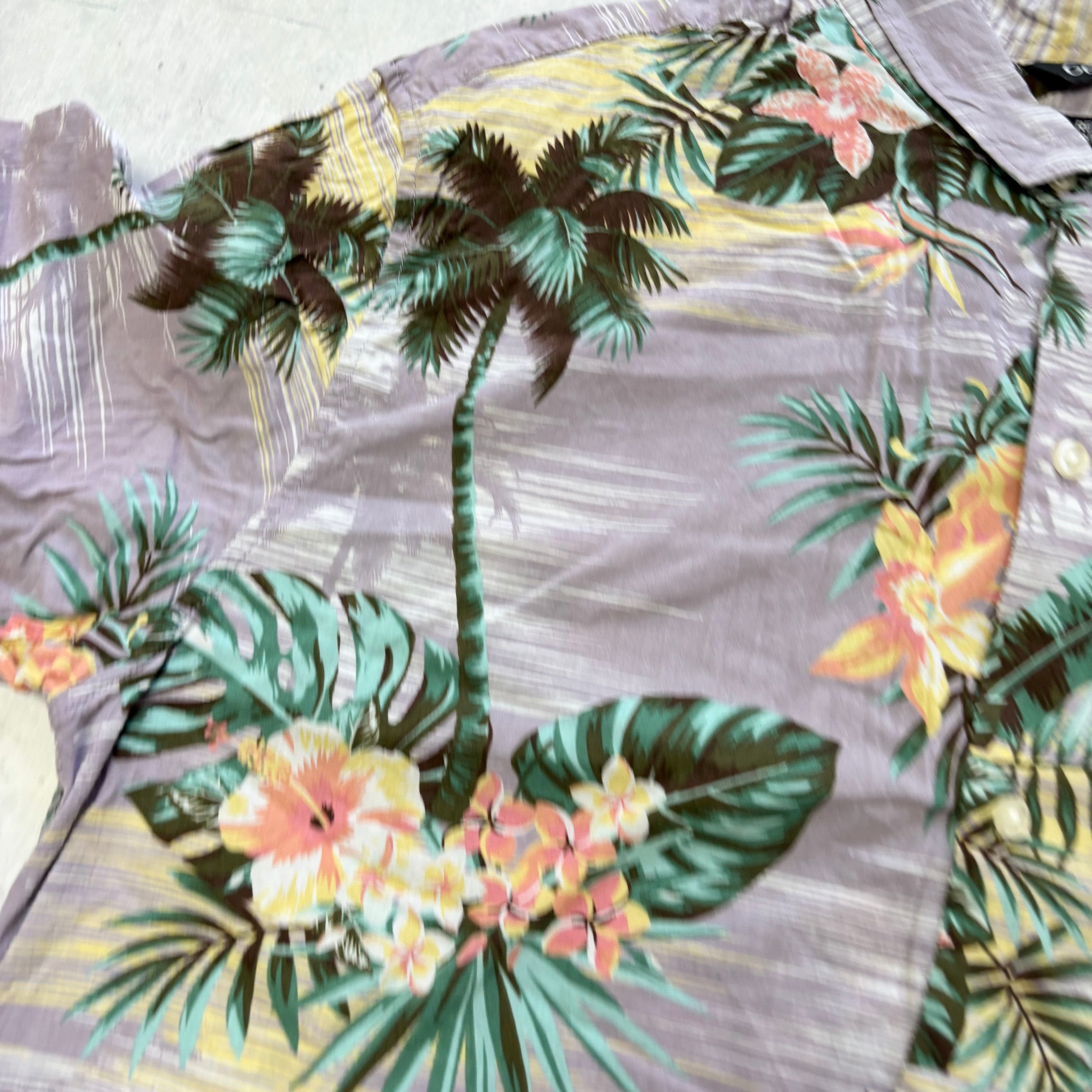 Hawaiian Shirt Mens Large Purple Floral Aloha Short Sleeve Cotton Blend (E)