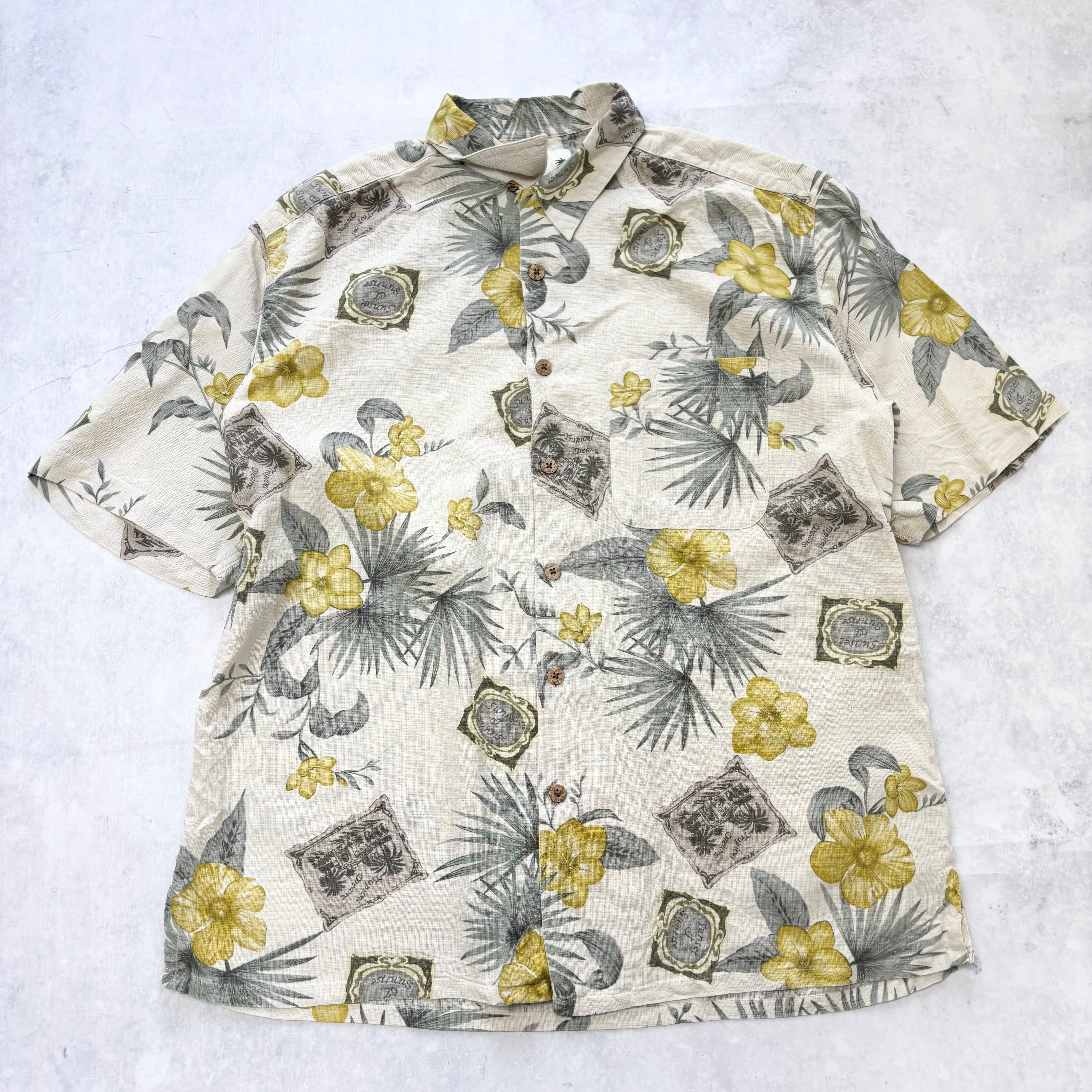 Vintage Hawaiian Shirt Mens Large Yellow Silk Floral Aloha Short Sleeve (E)