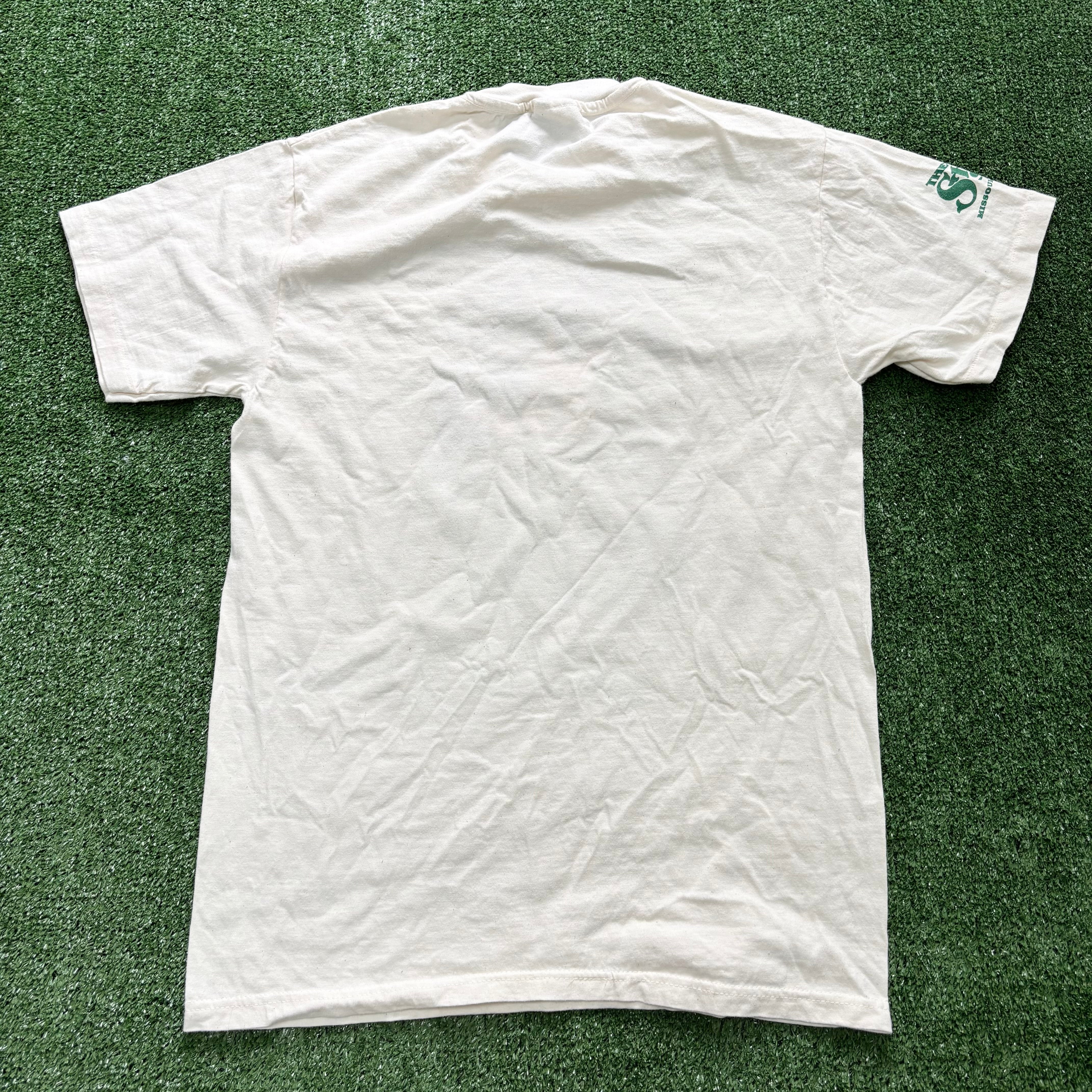 Vintage T Shirt Mens Medium Cream Beige Single Stitch Graphic Print 90s USA (E)