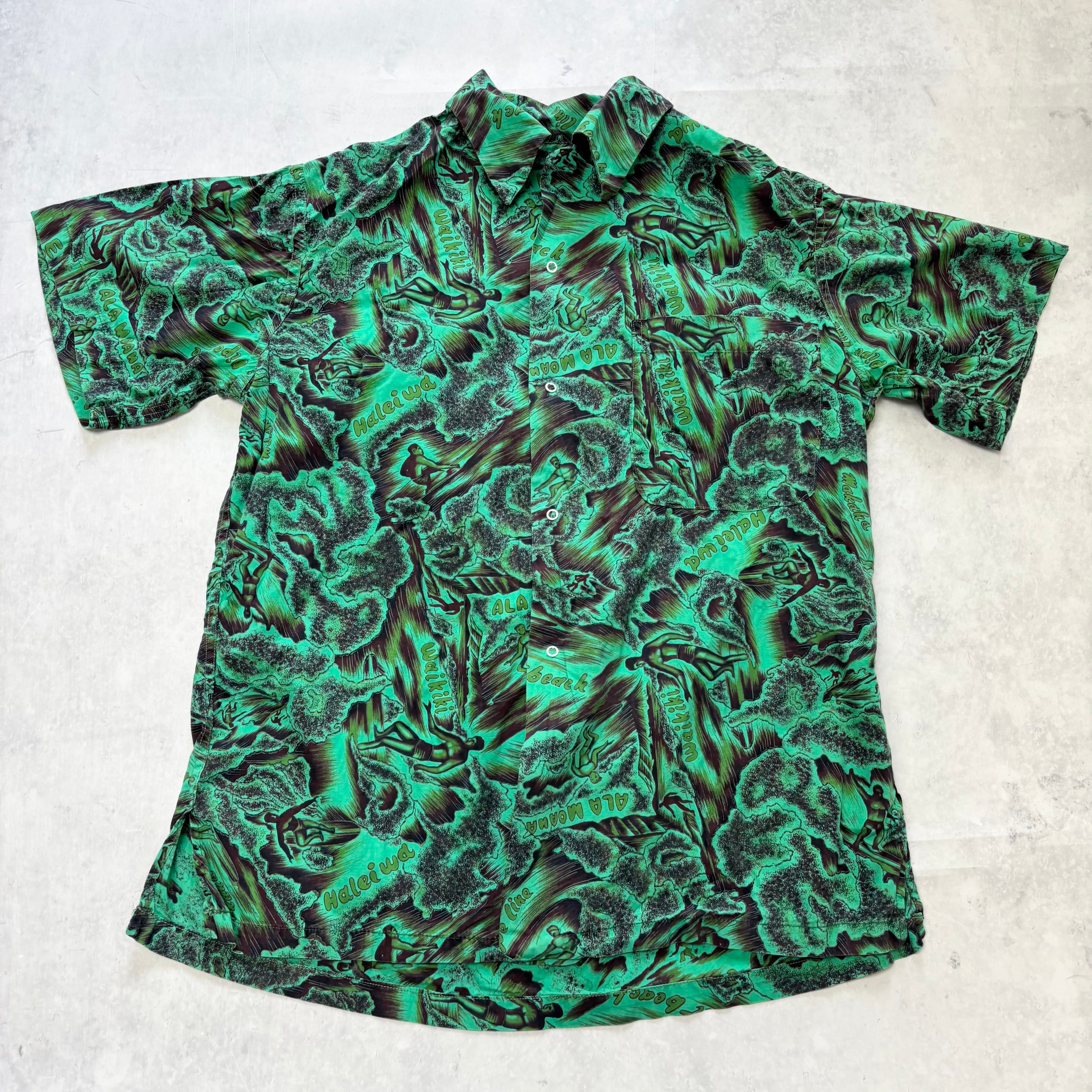 Vintage Hawaiian Shirt Mens Medium Green Floral Aloha Short Sleeve (E)