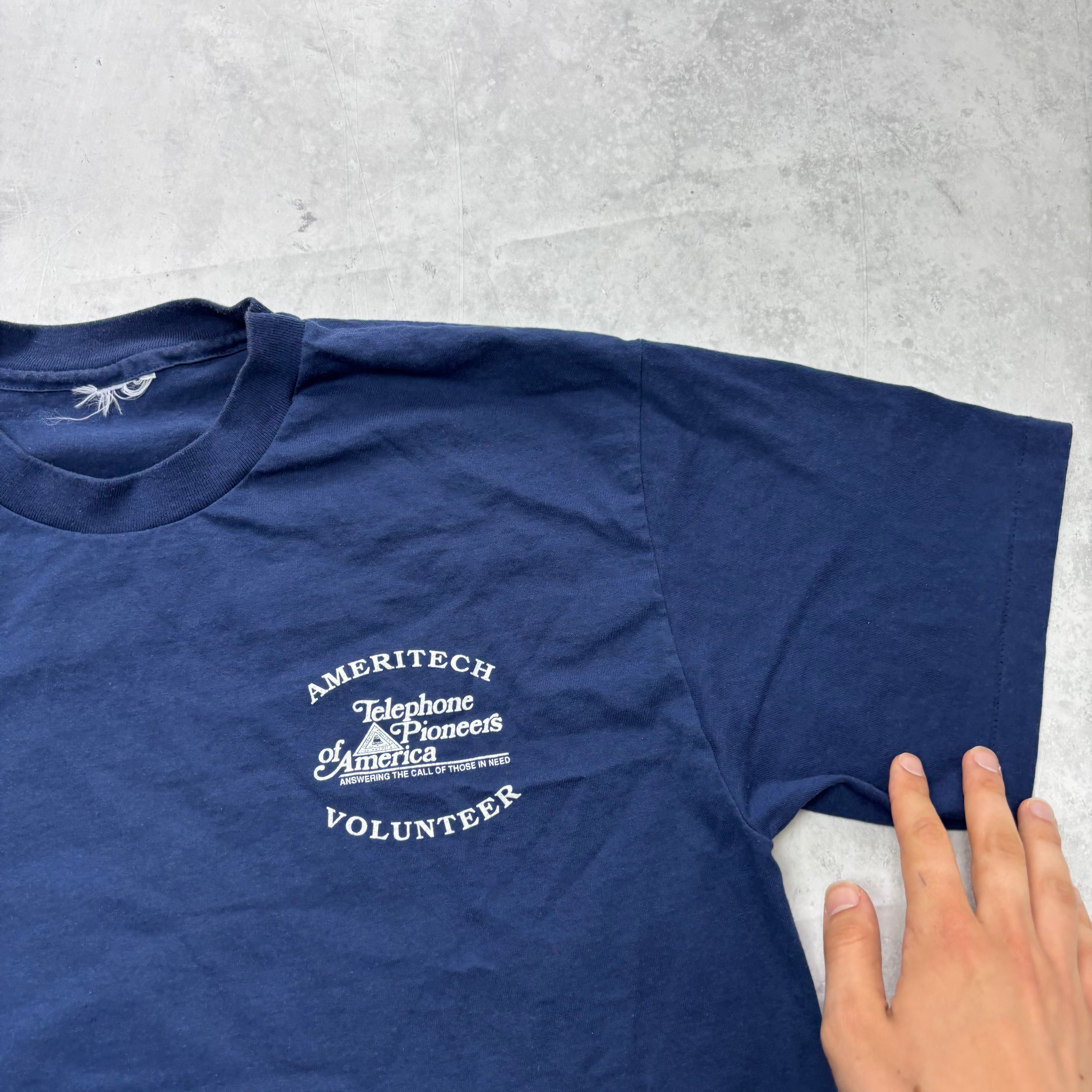 Vintage T Shirt Mens Large Navy Blue Single Stitch Graphic Print 90s USA (E)