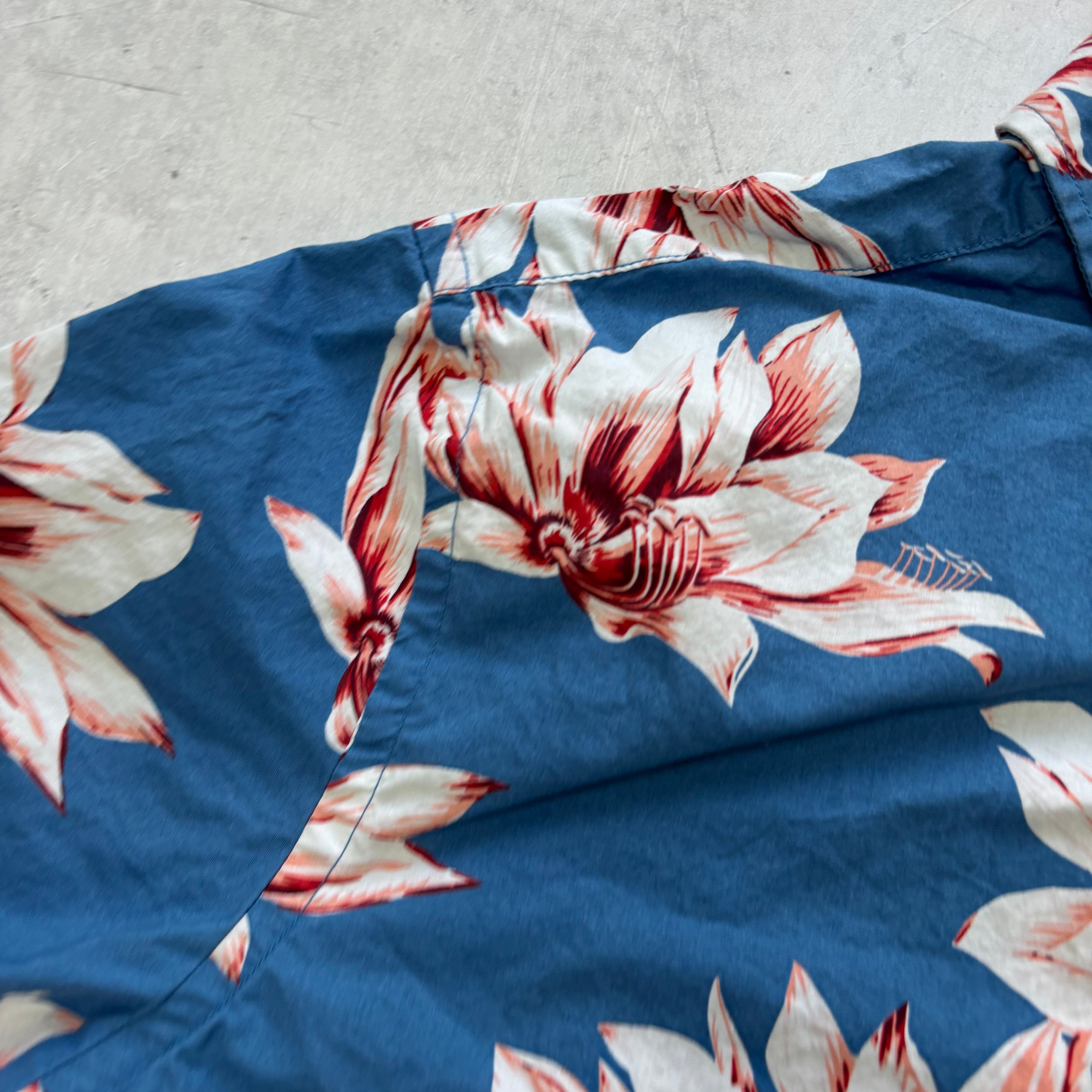 Hawaiian Shirt Mens Medium Blue Floral Short Sleeve Cotton Regular Fit (E)