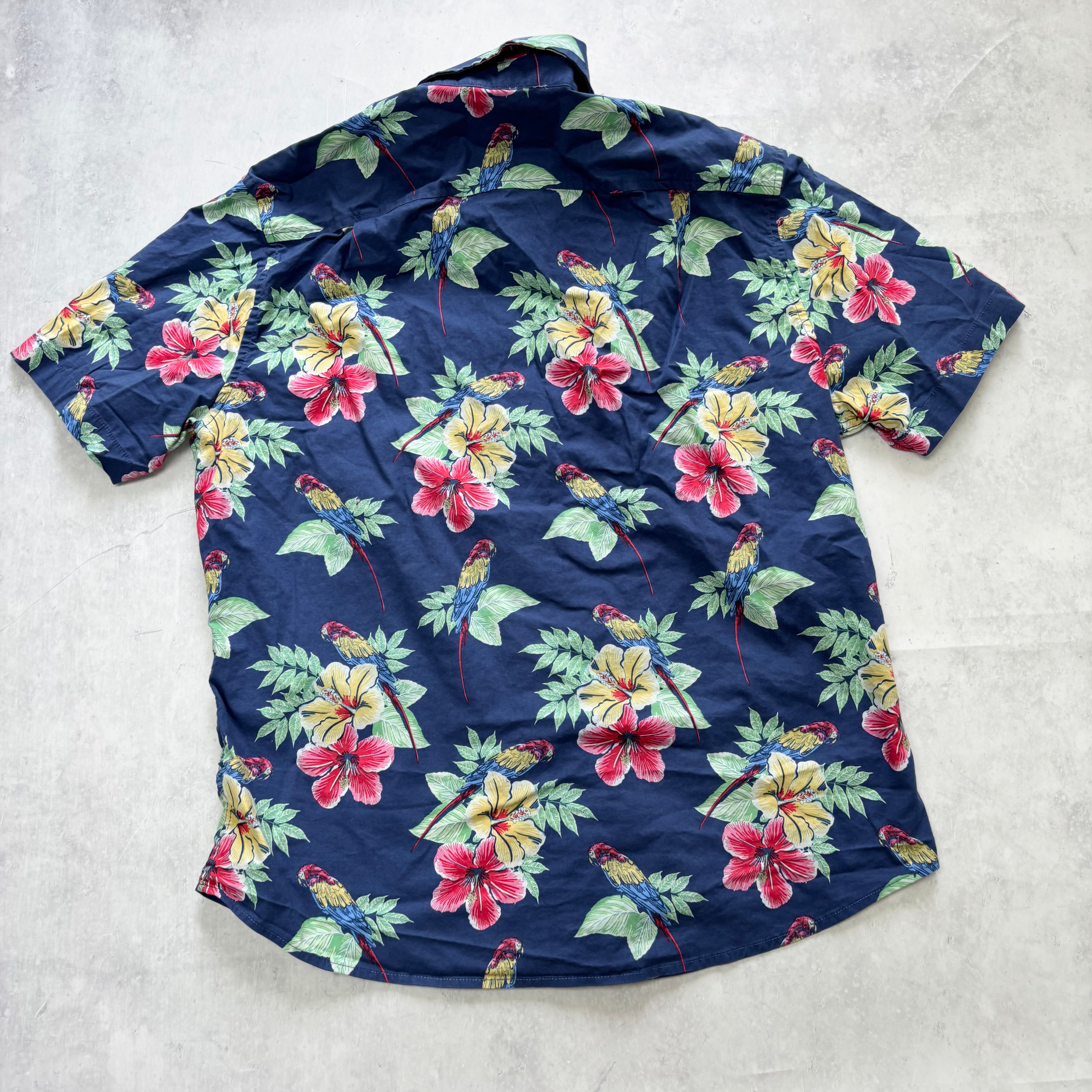 Hawaiian Shirt Mens Large Blue Floral Aloha Short Sleeve Cotton Slim Fit (E)